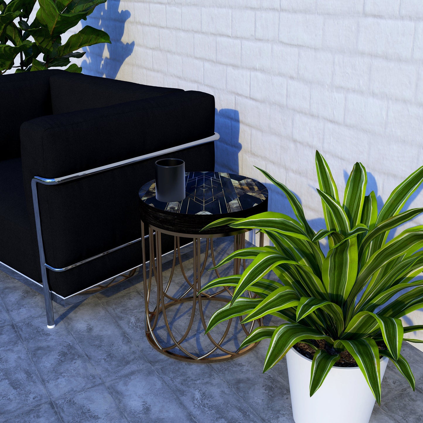 Black & Gold Geometric Accent Table | 14_ Round End Table for Indoor , UV Print Side Table, Wood and Metal Construction