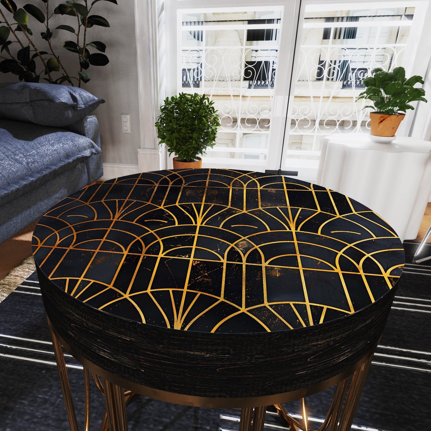 Black & Gold Geometric Accent Table | 14_ Round End Table for Indoor  | UV Print Side Table, Wood and Metal Construction