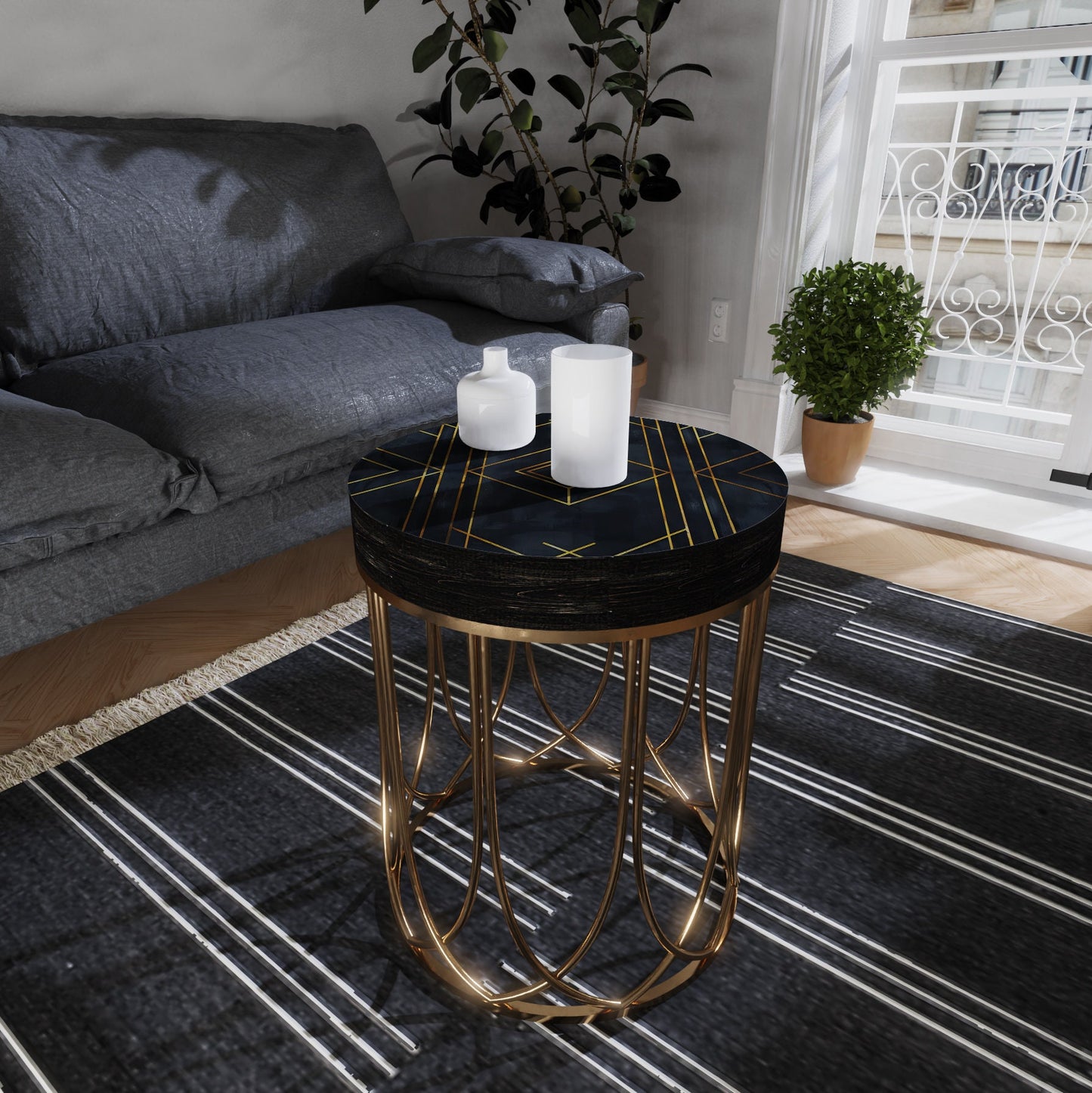 Black & Gold Geometric Accent Table | 14_ Round End Table for Indoor Outdoor | UV Print Side Table| Wood and Metal Construction