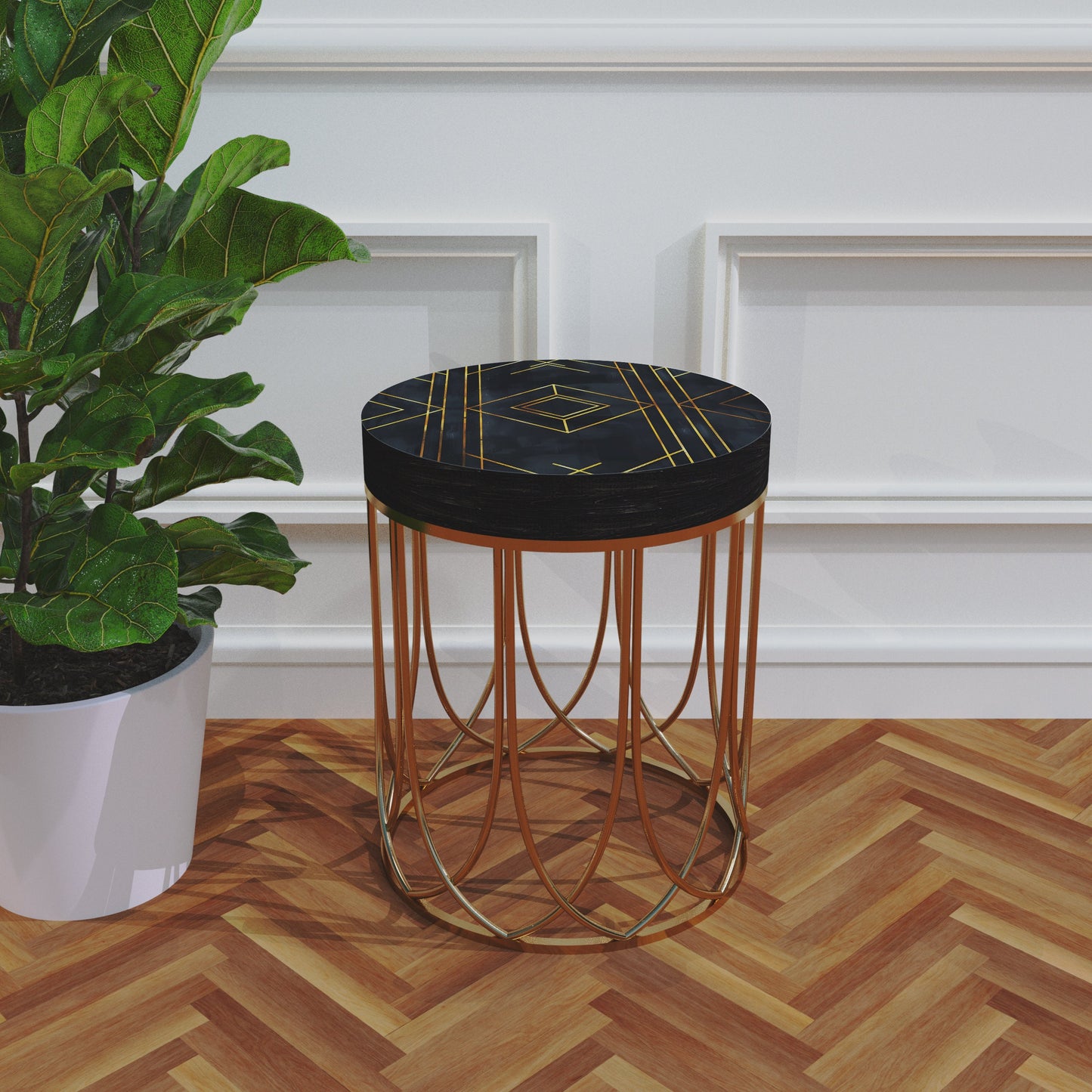 Black & Gold Geometric Accent Table | 14_ Round End Table for Indoor Outdoor | UV Print Side Table| Wood and Metal Construction