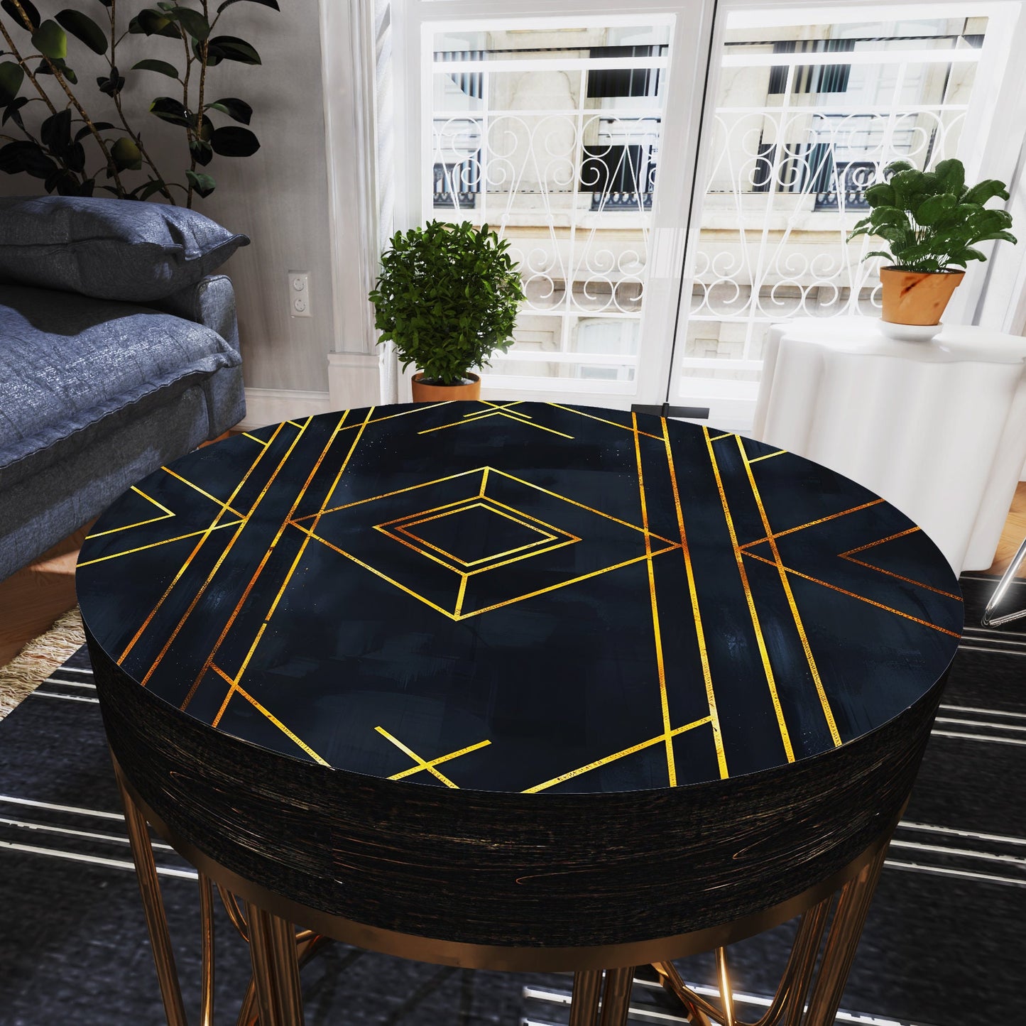 Black & Gold Geometric Accent Table | 14_ Round End Table for Indoor Outdoor | UV Print Side Table| Wood and Metal Construction