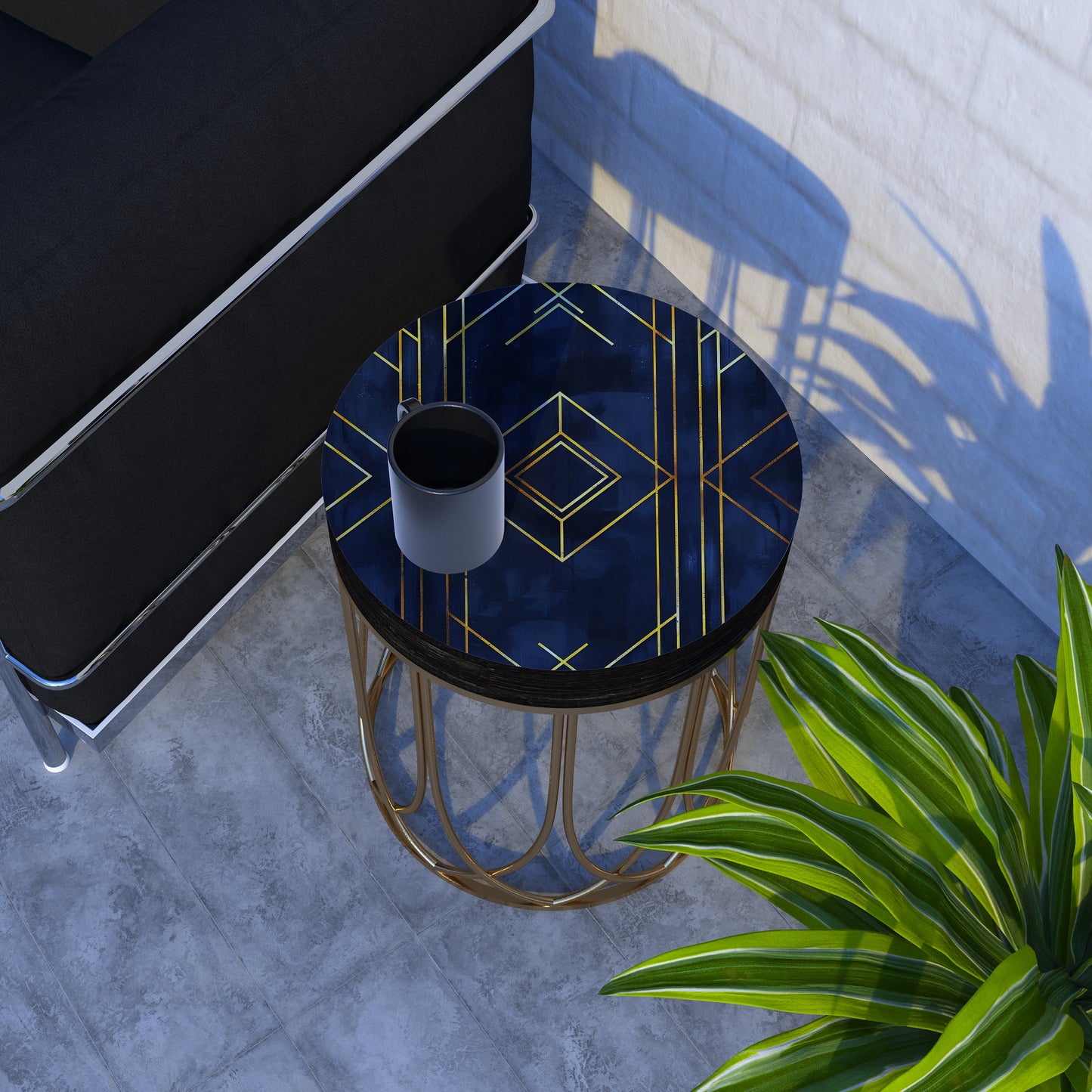 Black & Gold Geometric Accent Table | 14_ Round End Table for Indoor Outdoor | UV Print Side Table| Wood and Metal Construction