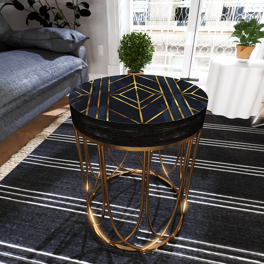 Black & Gold Geometric Accent Table - 14_ Round End Table for Indoor Outdoor | UV Print Side Table| Wood and Metal Construction