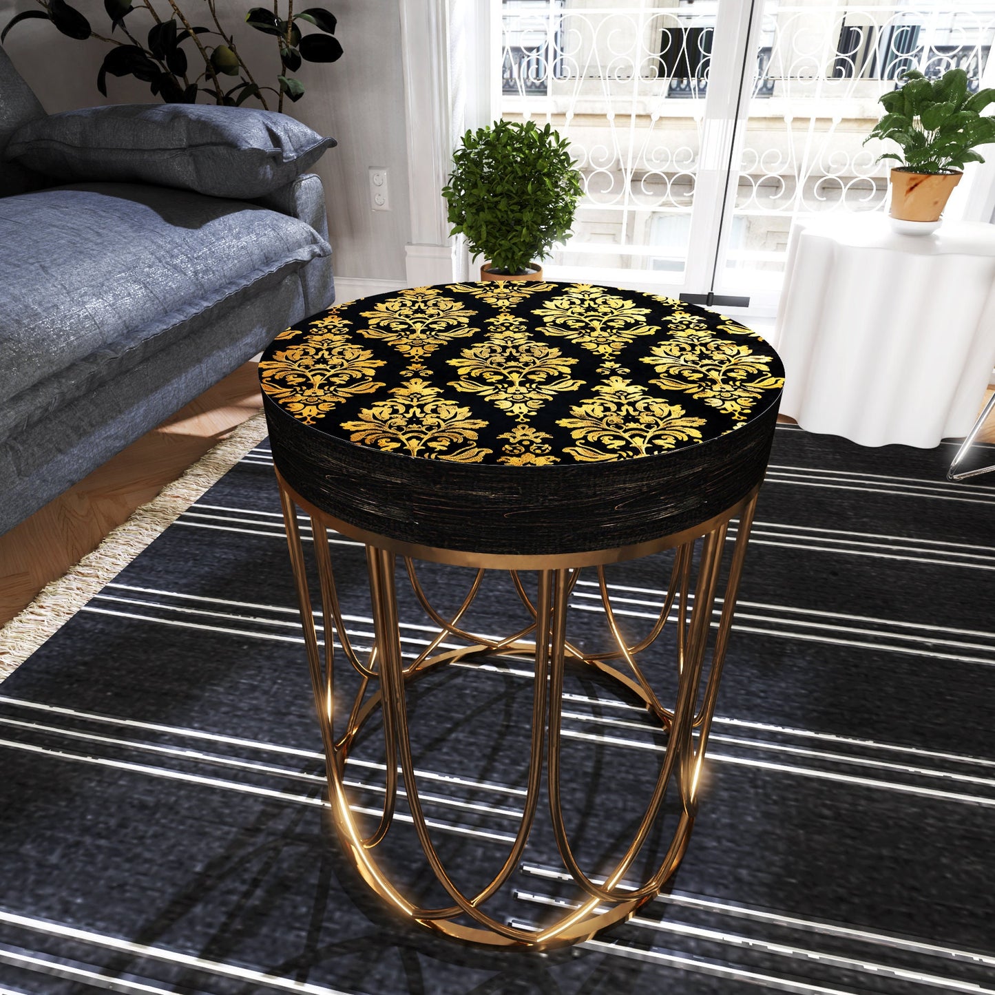 Black & Gold Victorian Pattern Accent Table, 14_ Diameter, 17_ High, Round End Table, UV Print Outdoor Wood and Metal Construction