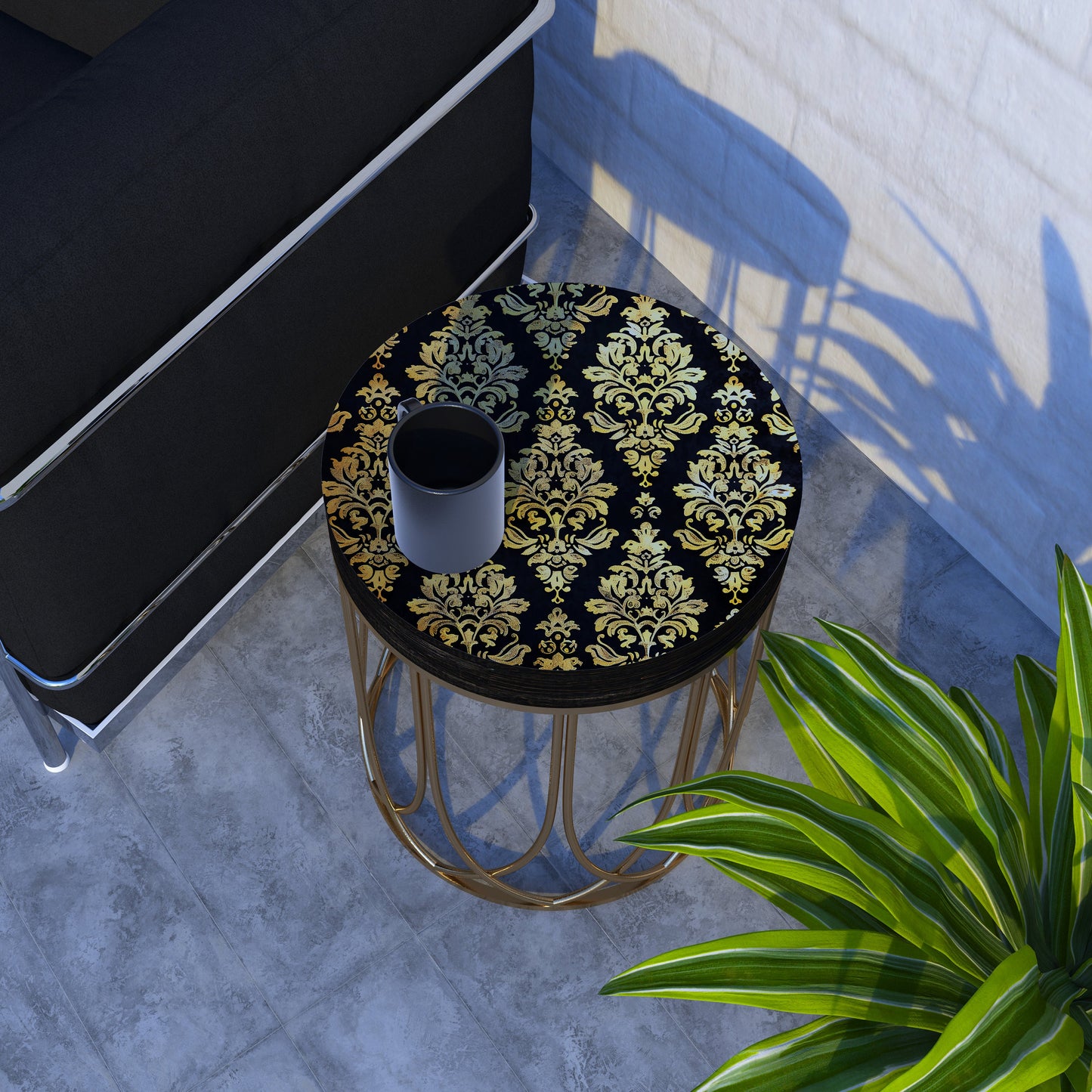 Black & Gold Victorian Pattern Accent Table, 14_ Diameter, 17_ High, Round End Table, UV Print Outdoor Wood and Metal Construction