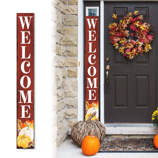 72in Fall Welcome Porch Sign - Front Porch Fall Red Ochre Welcome Sign with Vintage Autumn Decoration, Rustic Thanksgiving Decor for Outdoor