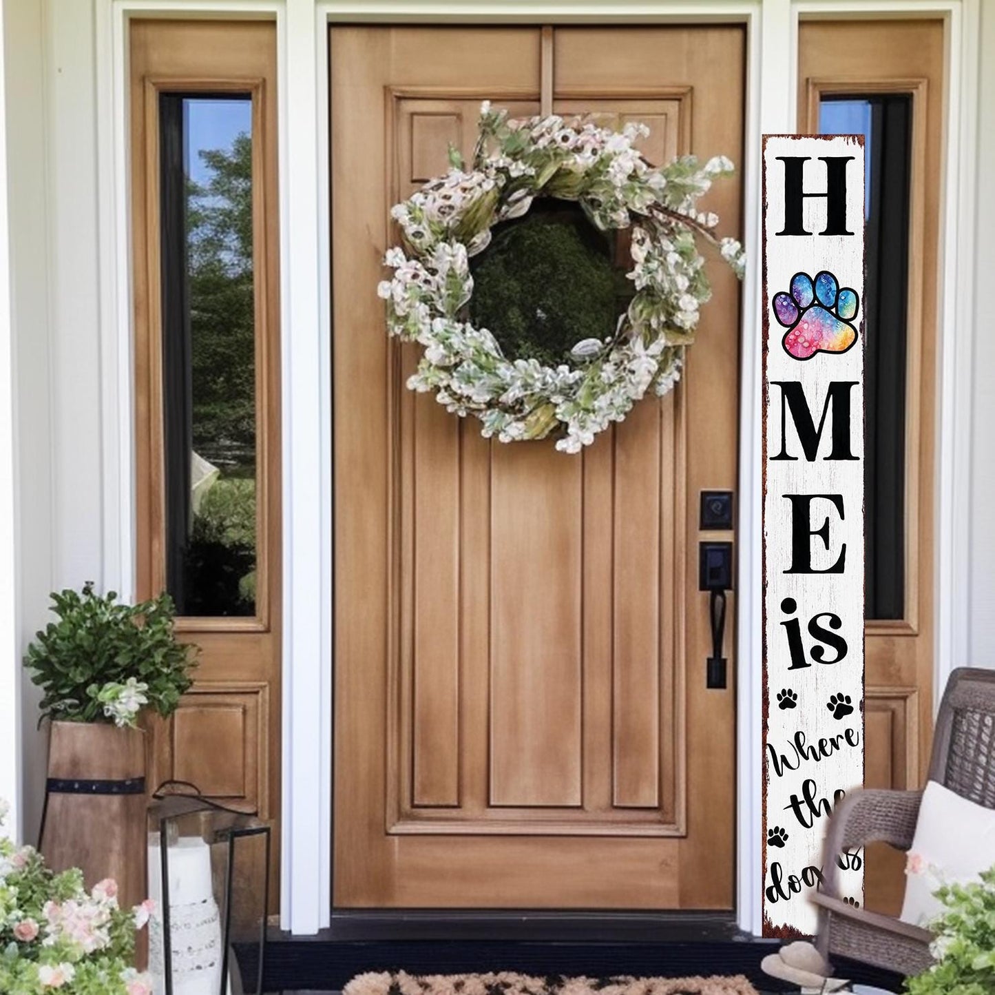 72in Home is Where the Dog Is Porch Sign - Front Porch Sign with Furry Friend Decoration, White Rustic Farmhouse Pet Decor for Outdoor