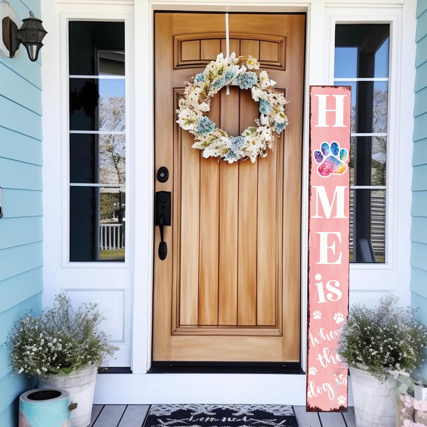 72in Home is Where the Dog Is Porch Sign - Front Porch Sign with Furry Friend Decoration, Pink Rustic Farmhouse Pet Decor for Outdoor