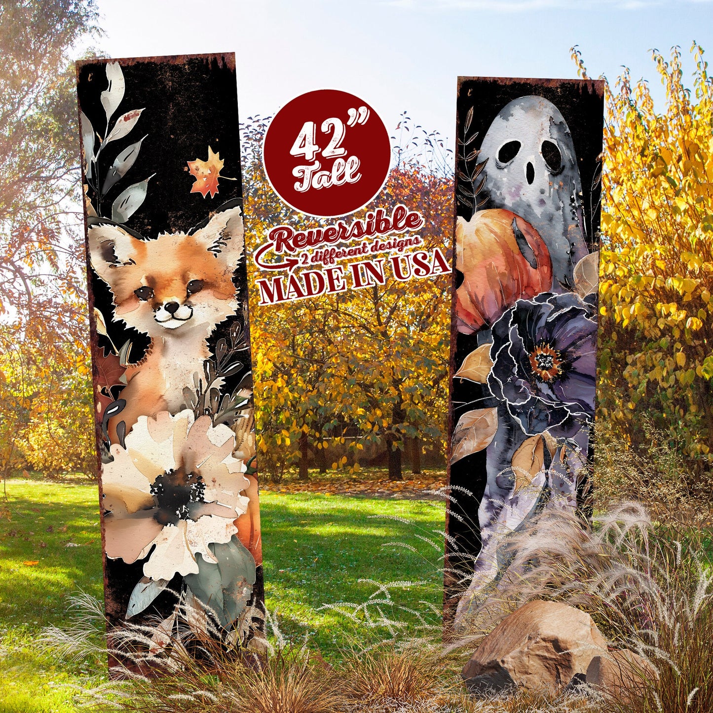 42-inch Fall & Halloween Garden Stake |  Reversible Yard Art and Garden Decoration | Autumn Garden Accent | Perfect for Outdoor Decor