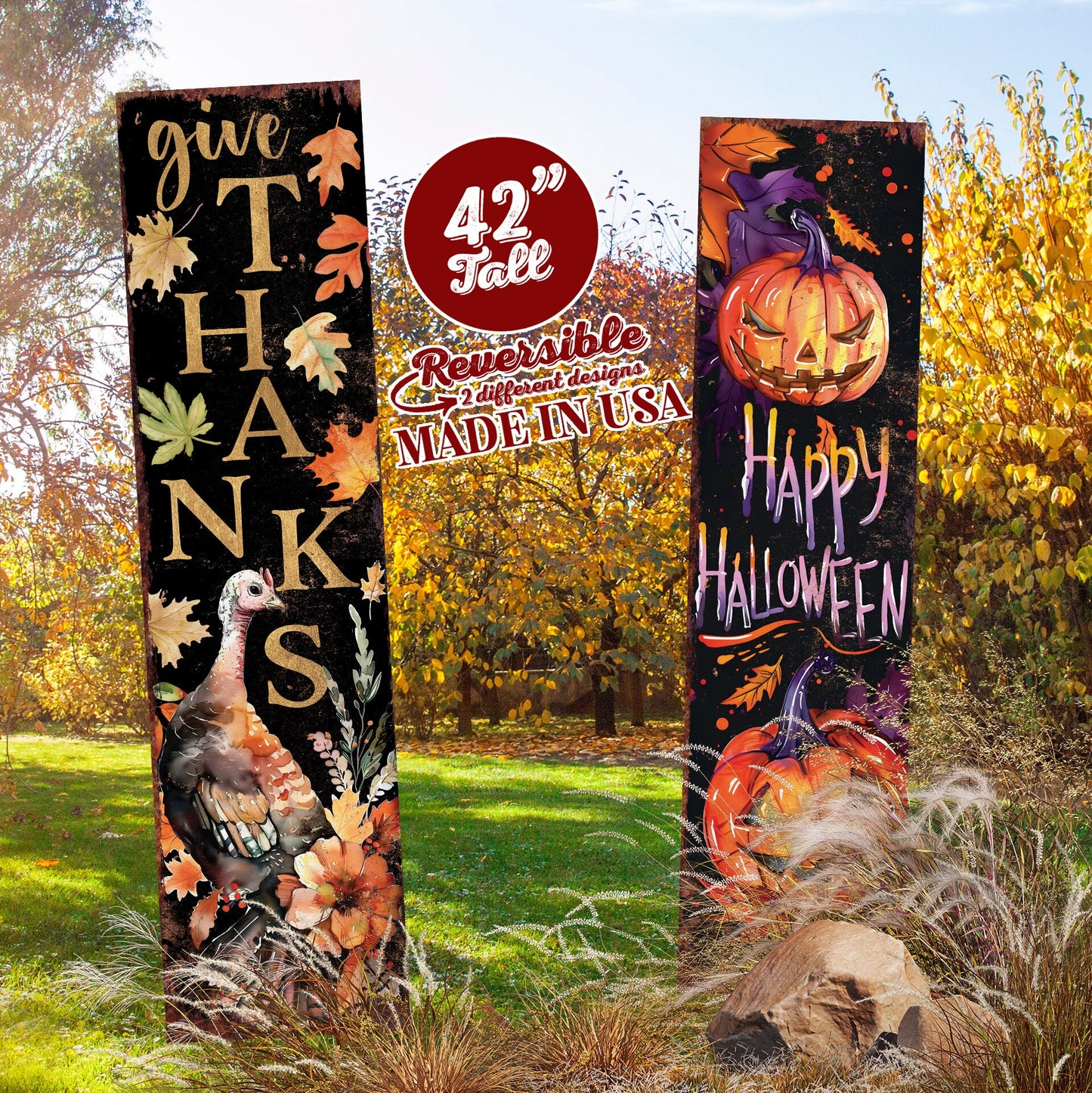 42-inch Fall & Halloween Garden Stake | Autumn Garden Accent |Reversible Yard Art and Garden Decoration | Perfect for Outdoor Decor