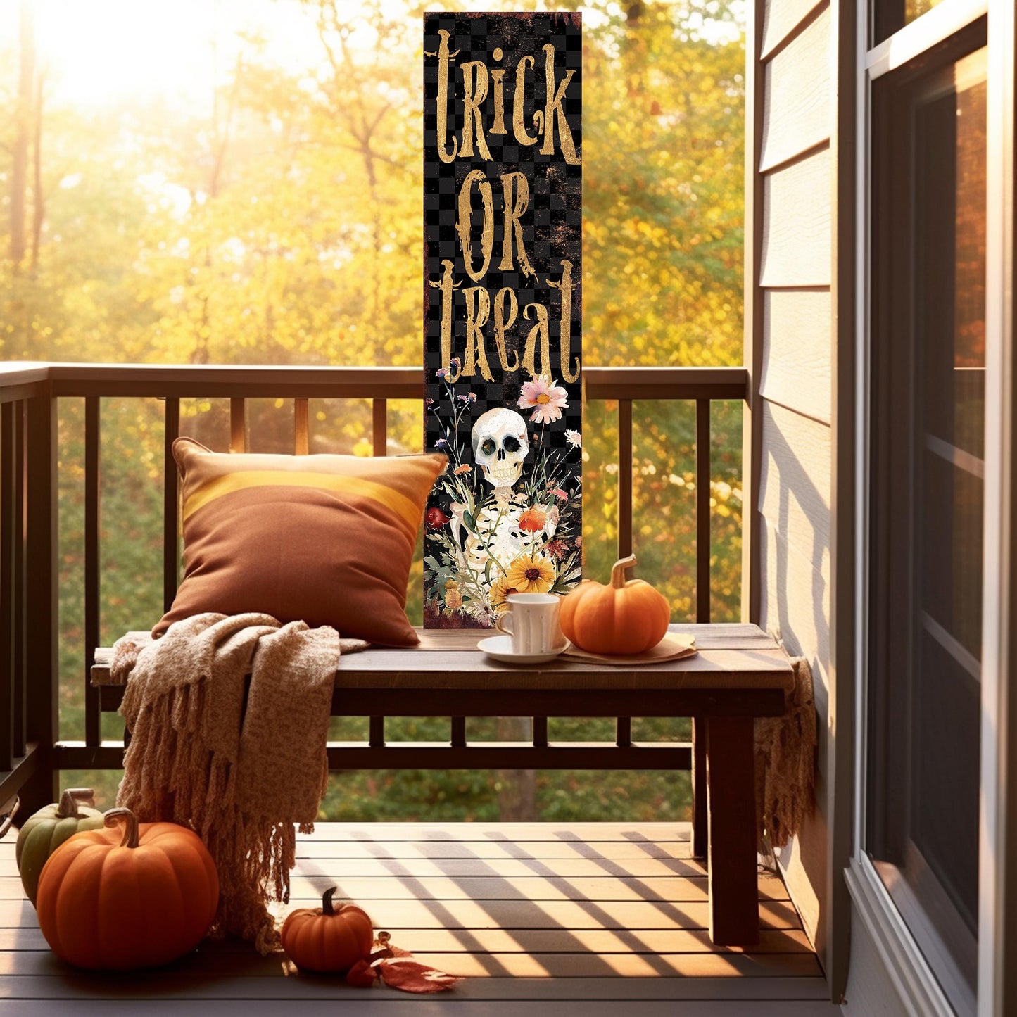 36-inch Trick or Treat Skeleton Halloween Porch Sign - Front Porch Halloween Welcome Sign, Entryway Board,Halloween Decoration