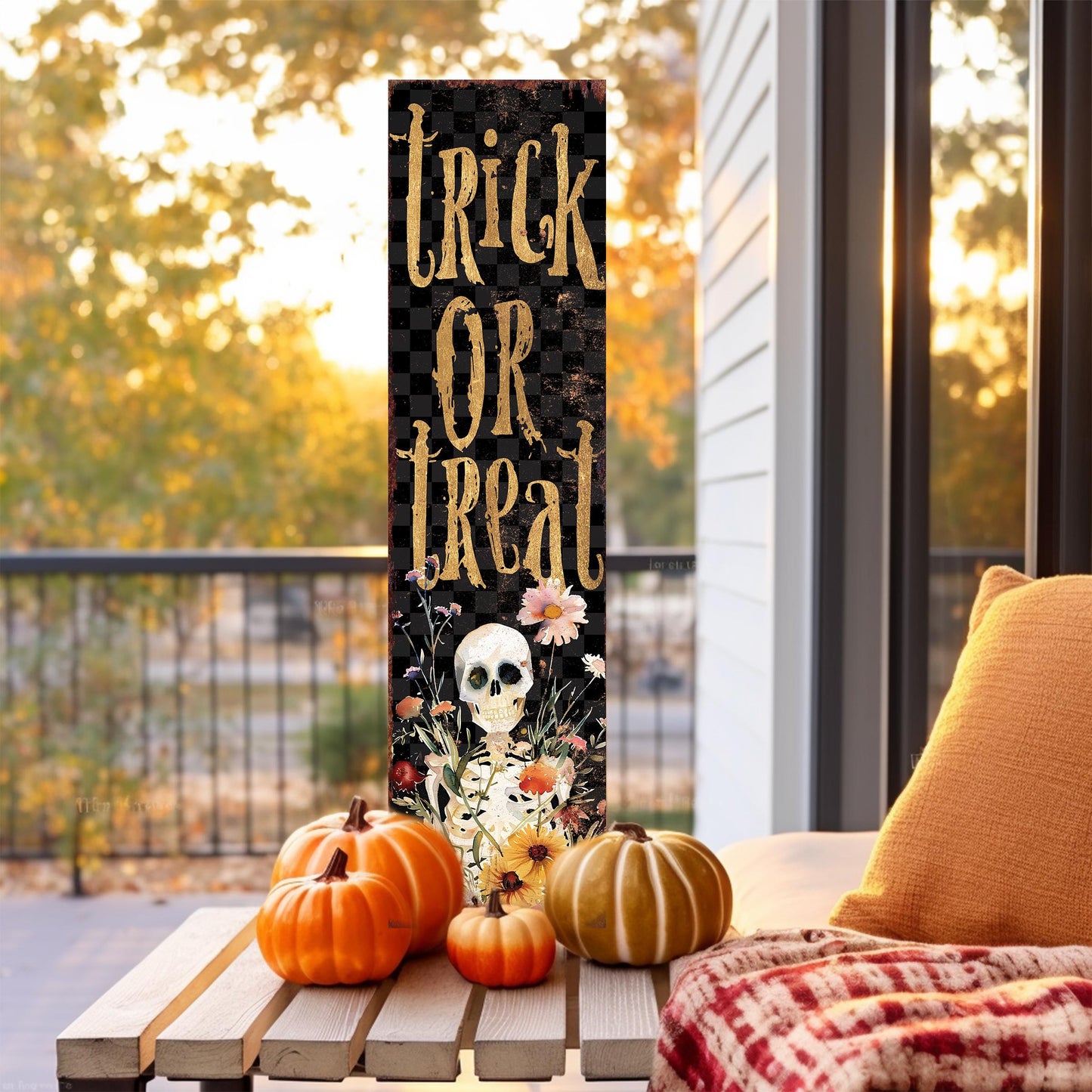 36-inch Trick or Treat Skeleton Halloween Porch Sign - Front Porch Halloween Welcome Sign, Entryway Board,Halloween Decoration