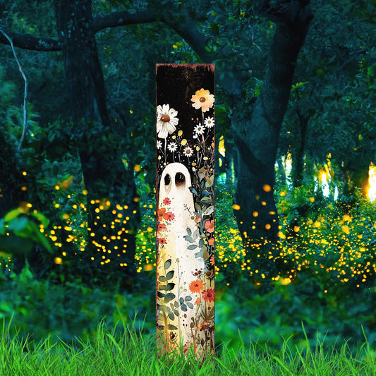 42inch Halloween Garden Stake - Wooden Halloween Decor - Watercolor Ghost Wildflower |  Perfect for Outdoor Decor on Patio & Lawn