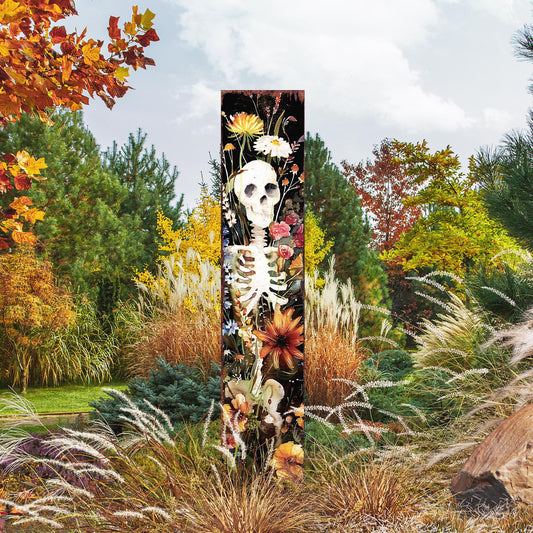 42in Halloween Wooden Garden Stake, Watercolor Skeleton, Outdoor Patio & Lawn Decoration, Wildflower Halloween Decor,