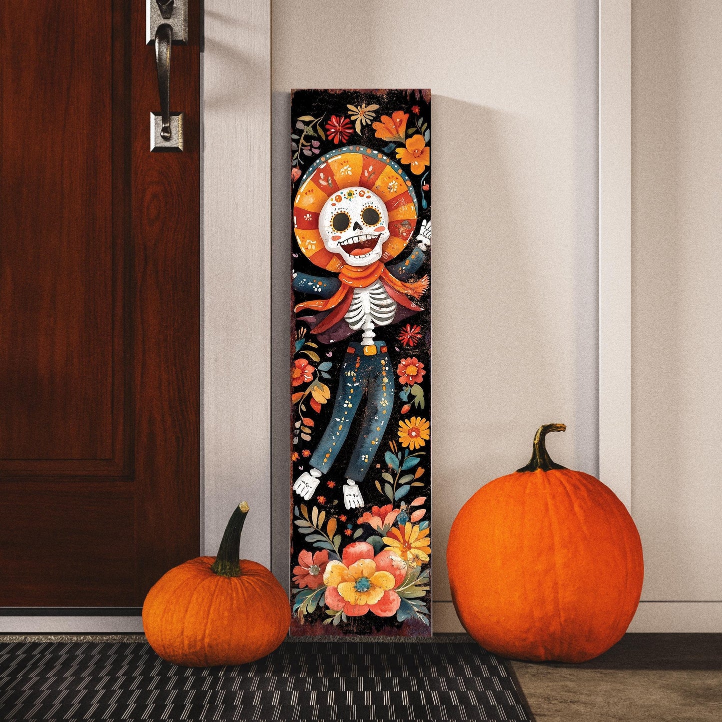 36in Sugar Skull Dia De Los Muertos Porch Sign - Rustic Modern Farmhouse Entryway Decor, Day of the Dead Front Porch Board