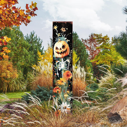 42in Halloween Garden Stake, Watercolor Jack O Lantern | Wooden Outdoor Patio and Lawn Decoration | Halloween Wildflower Decor