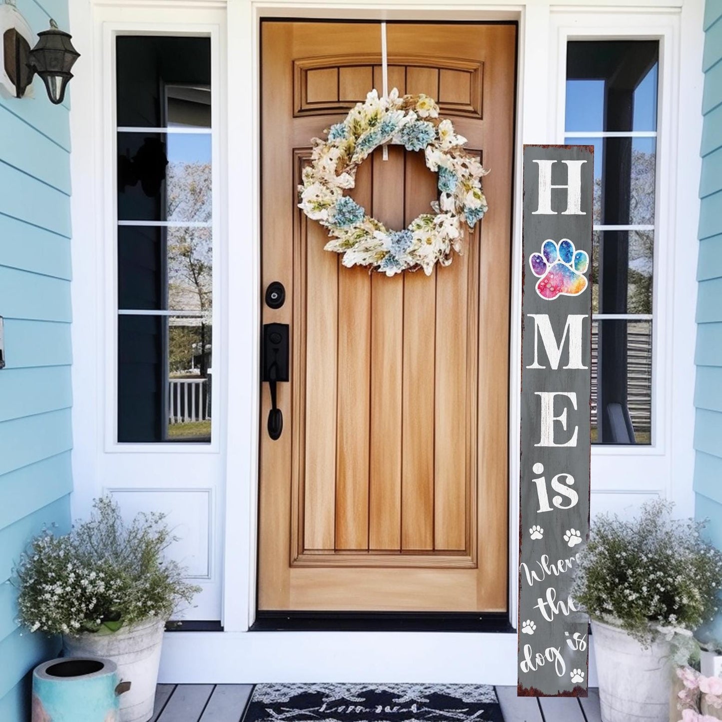 72in Home is Where the Dog Is Porch Sign - Front Porch Sign with Furry Friend Decoration, Gray Rustic Farmhouse Pet Decor for Outdoor