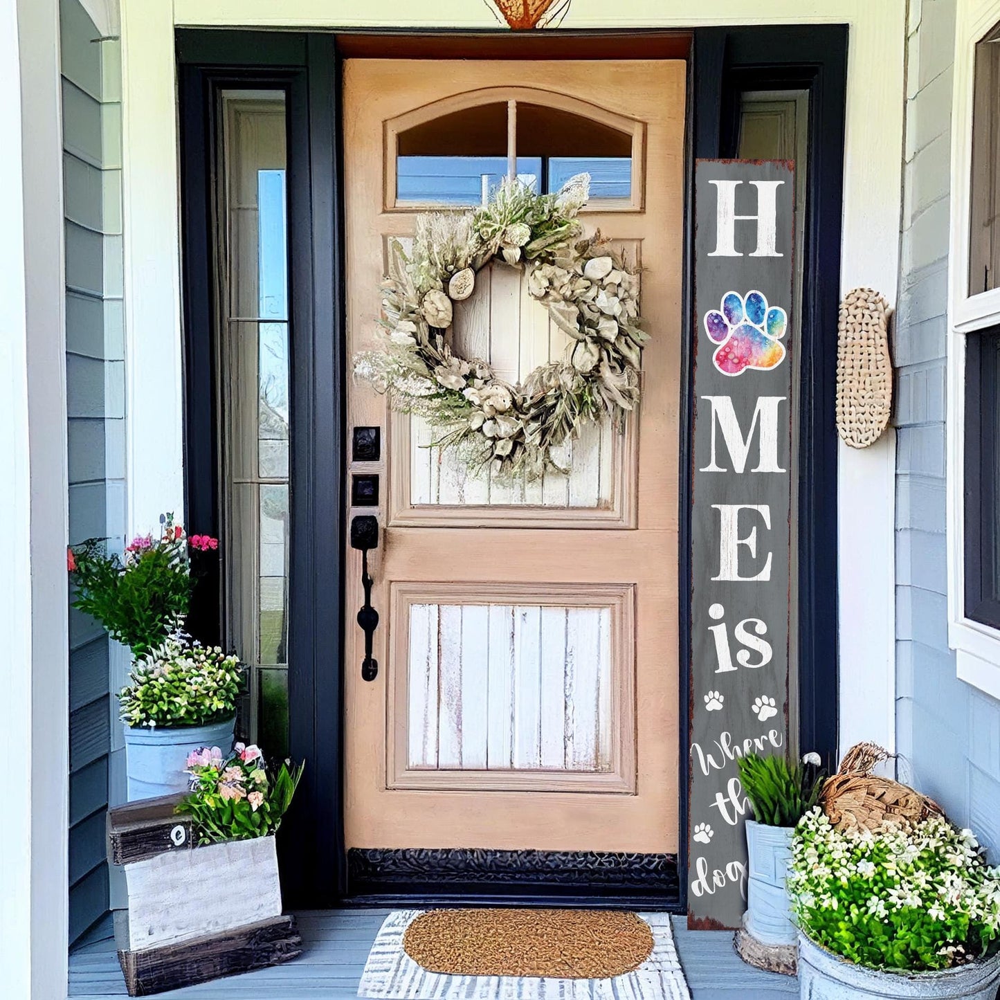 72in Home is Where the Dog Is Porch Sign - Front Porch Sign with Furry Friend Decoration, Gray Rustic Farmhouse Pet Decor for Outdoor