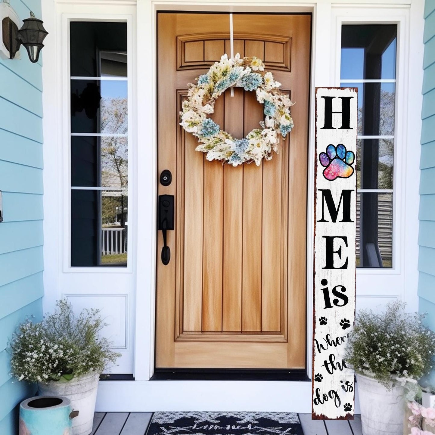 72in Home is Where the Dog Is Porch Sign - Front Porch Sign with Furry Friend Decoration, White Rustic Farmhouse Pet Decor for Outdoor