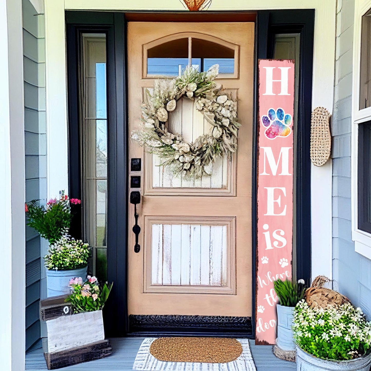 72in Home is Where the Dog Is Porch Sign - Front Porch Sign with Furry Friend Decoration, Pink Rustic Farmhouse Pet Decor for Outdoor