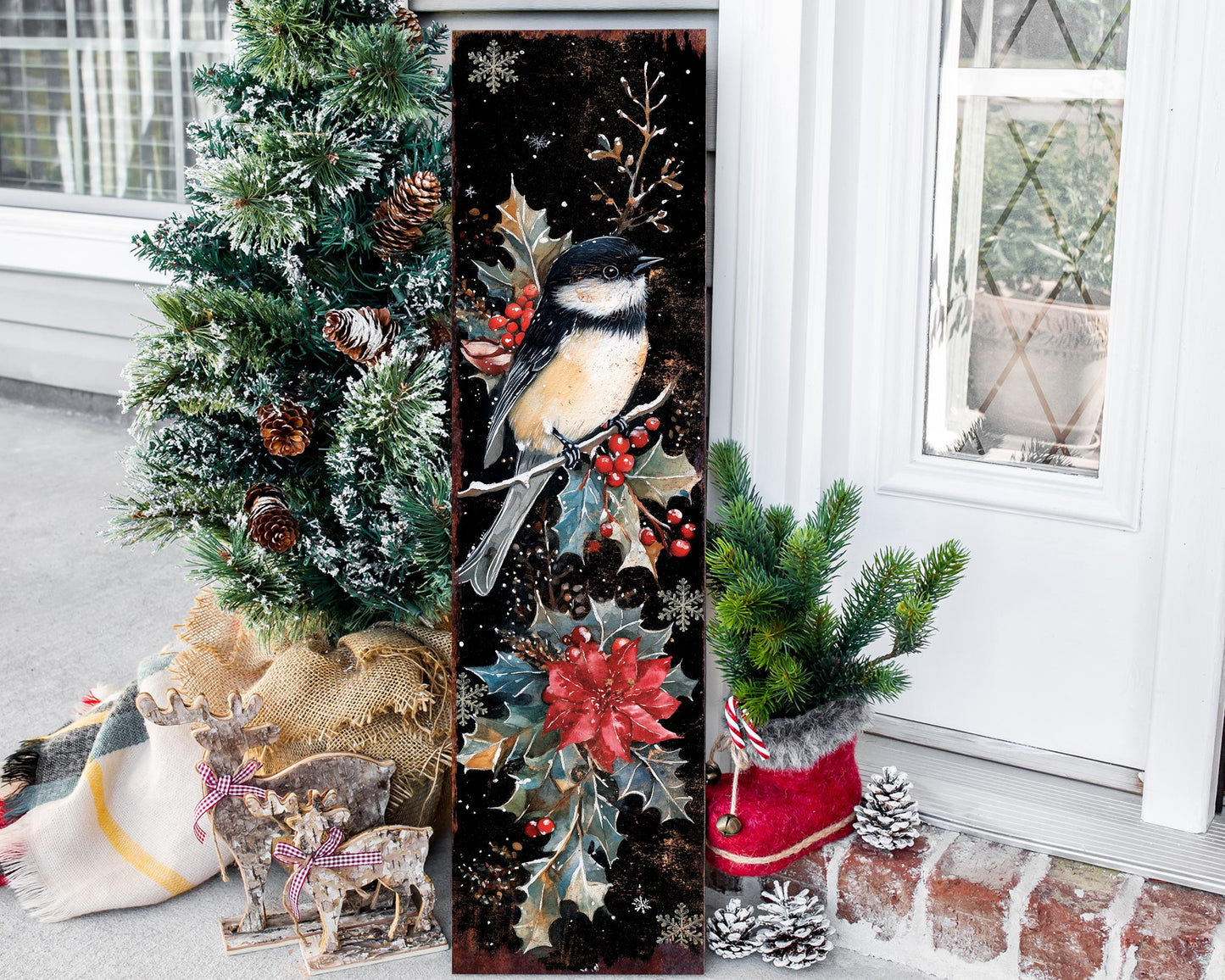 36in Christmas Chickadee Porch Sign - Holiday Entryway Decor, Christmas Front Door Board, Outdoor Porch Decor | 5 Patterns, Wood, UV Print