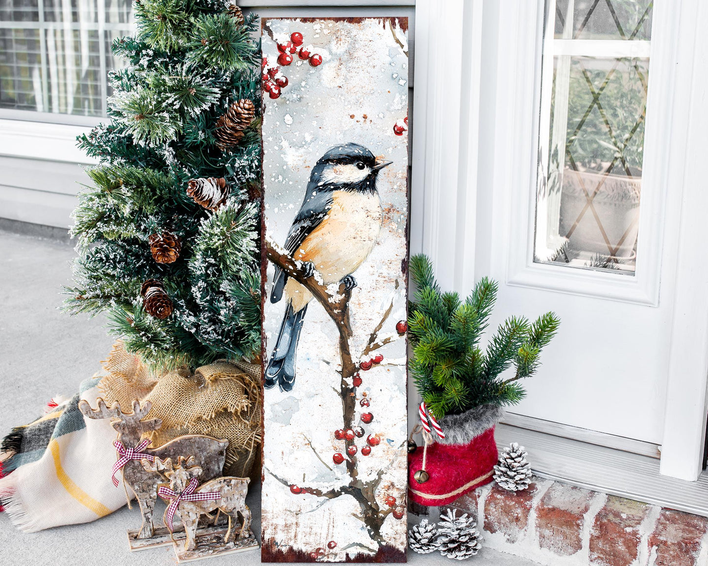 36in Chickadee Christmas Porch Sign - Holiday Entryway Decor, Christmas Front Door Board, Outdoor Porch Decor | 5 Patterns, Wood, UV Print