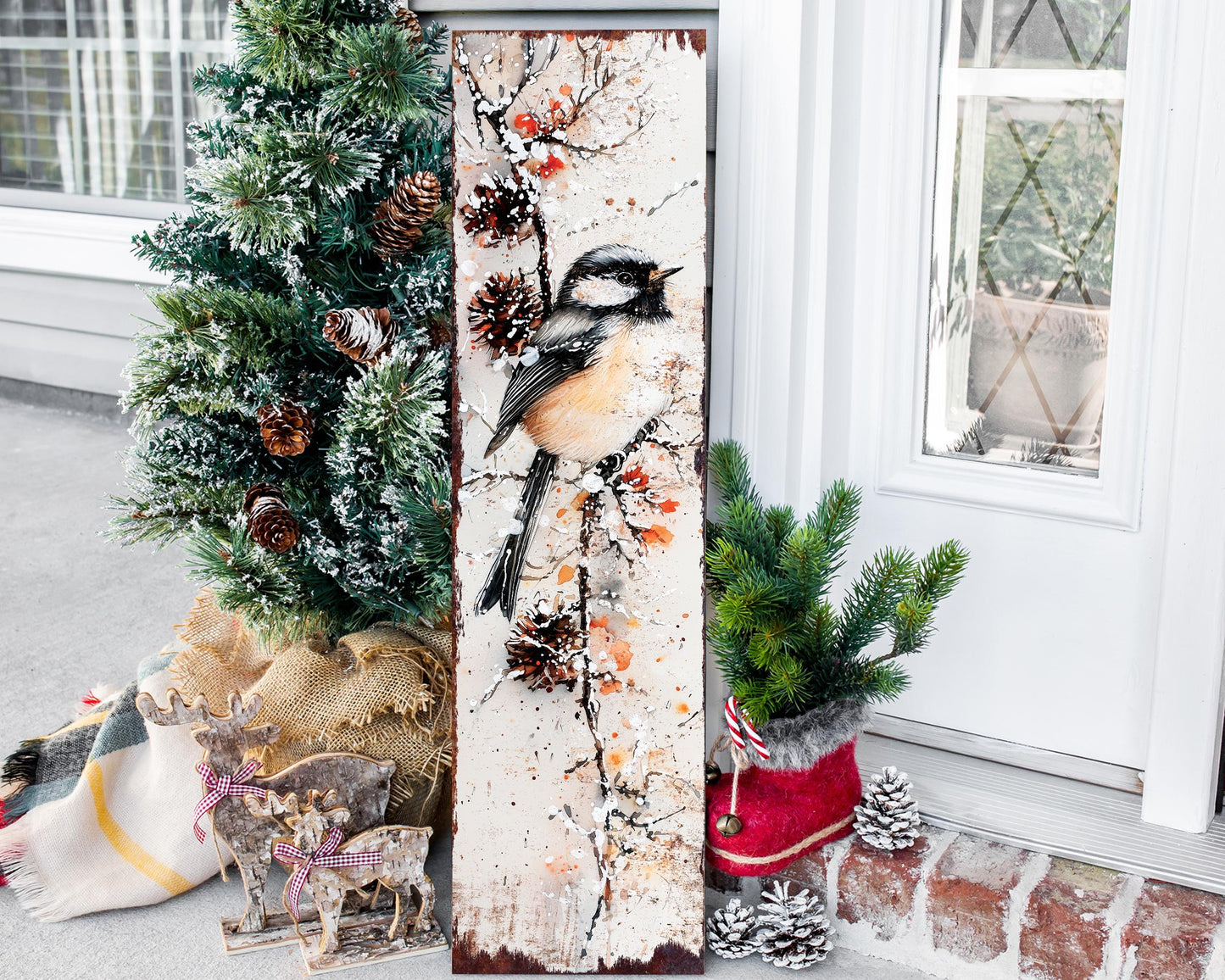 36in Chickadee Christmas Porch Sign - Holiday Entryway Decor, Christmas Front Door Board, Outdoor Porch Decor | 5 Patterns, Wood, UV Print