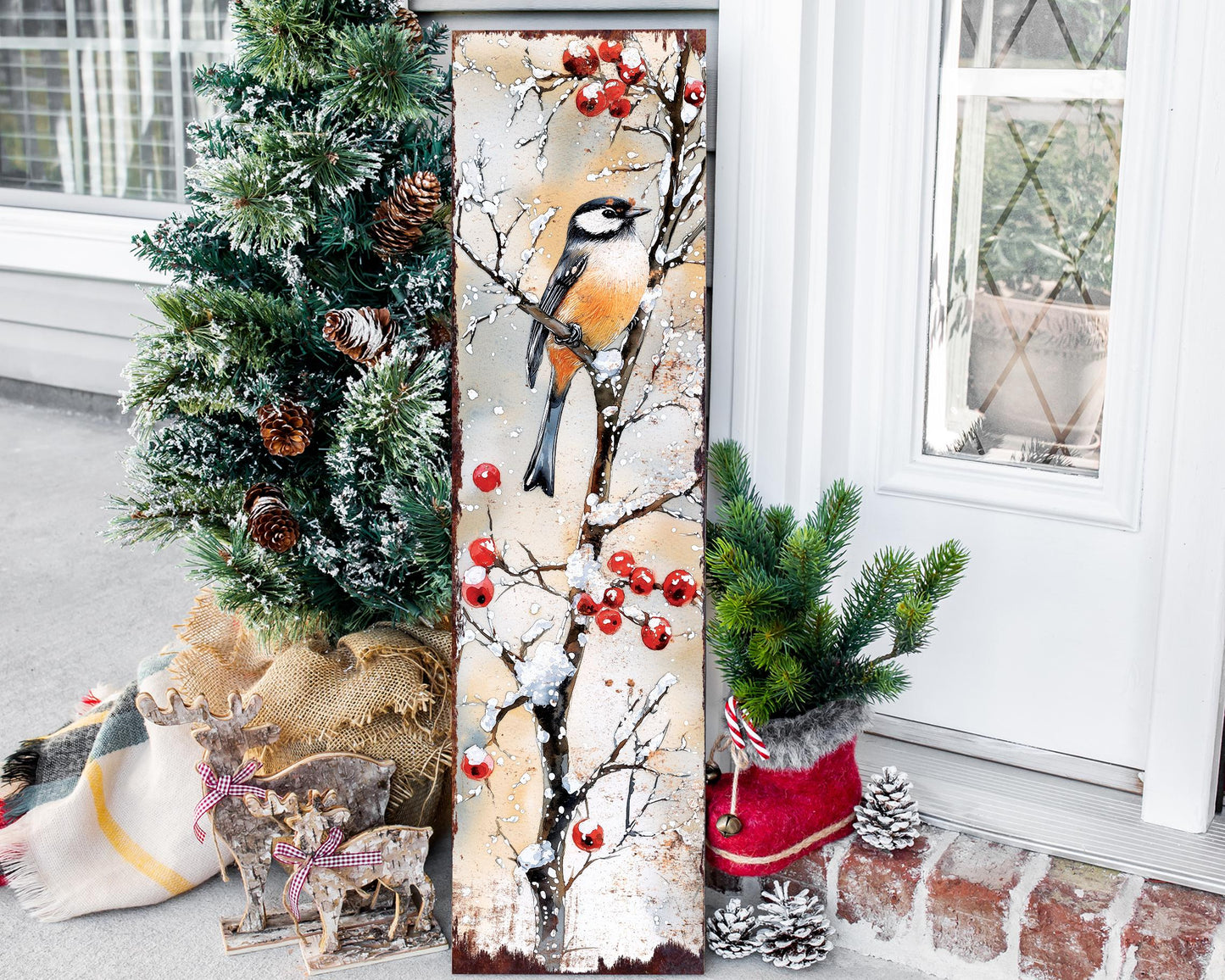 36in Chickadee Christmas Porch Sign - Holiday Entryway Decor, Christmas Front Door Board, Outdoor Porch Decor | 5 Patterns, Wood, UV Print