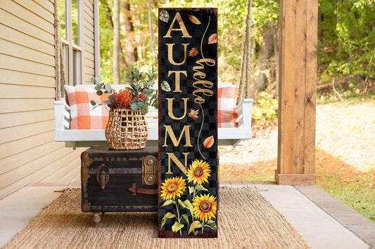 48in Hello Autumn Porch Sign - Front Porch Fall Welcome Sign with Vintage Autumn Decoration | Entryway Fall Decor | Wood, UV Print