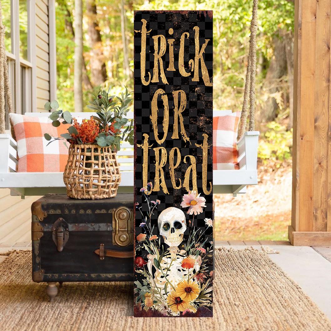 36-inch Trick or Treat Skeleton Halloween Porch Sign - Front Porch Halloween Welcome Sign, Entryway Board,Halloween Decoration