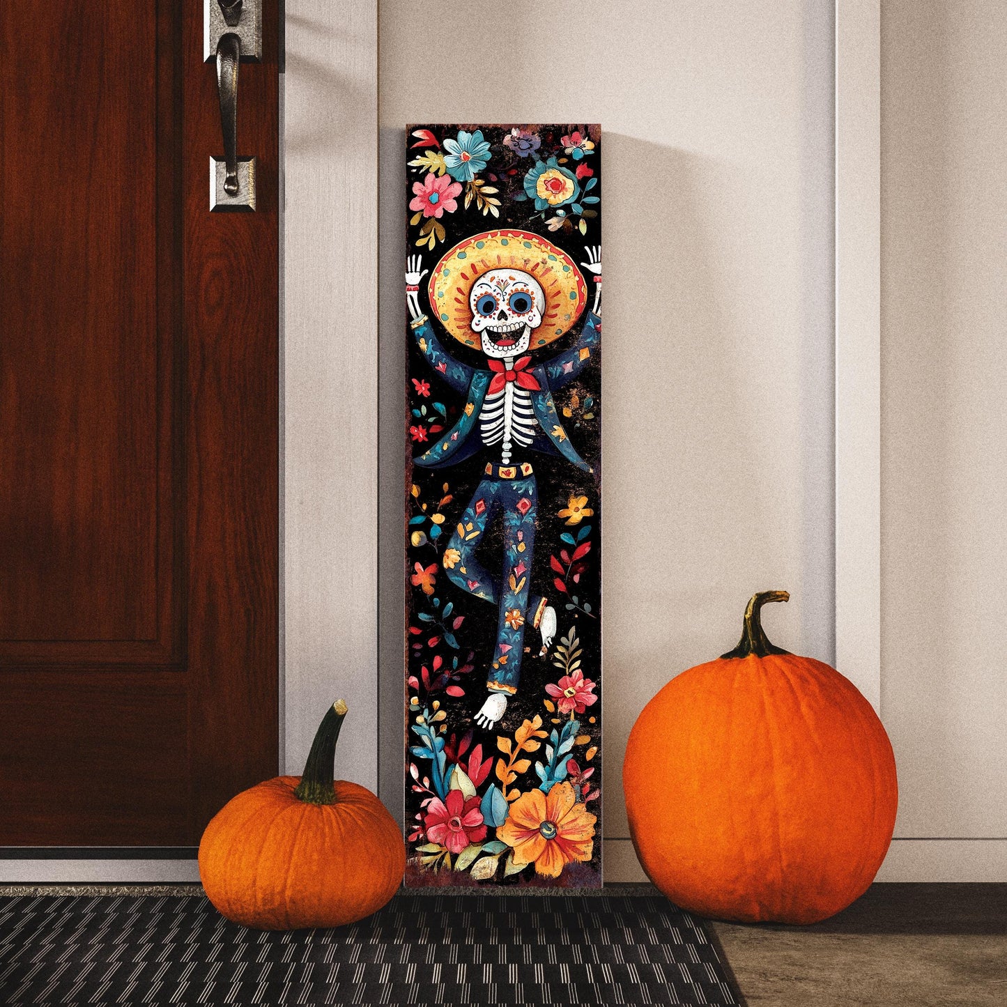 36in Sugar Skull Dia De Los Muertos Porch Sign - Rustic Modern Farmhouse Entryway Decor, Day of the Dead Front Porch Board