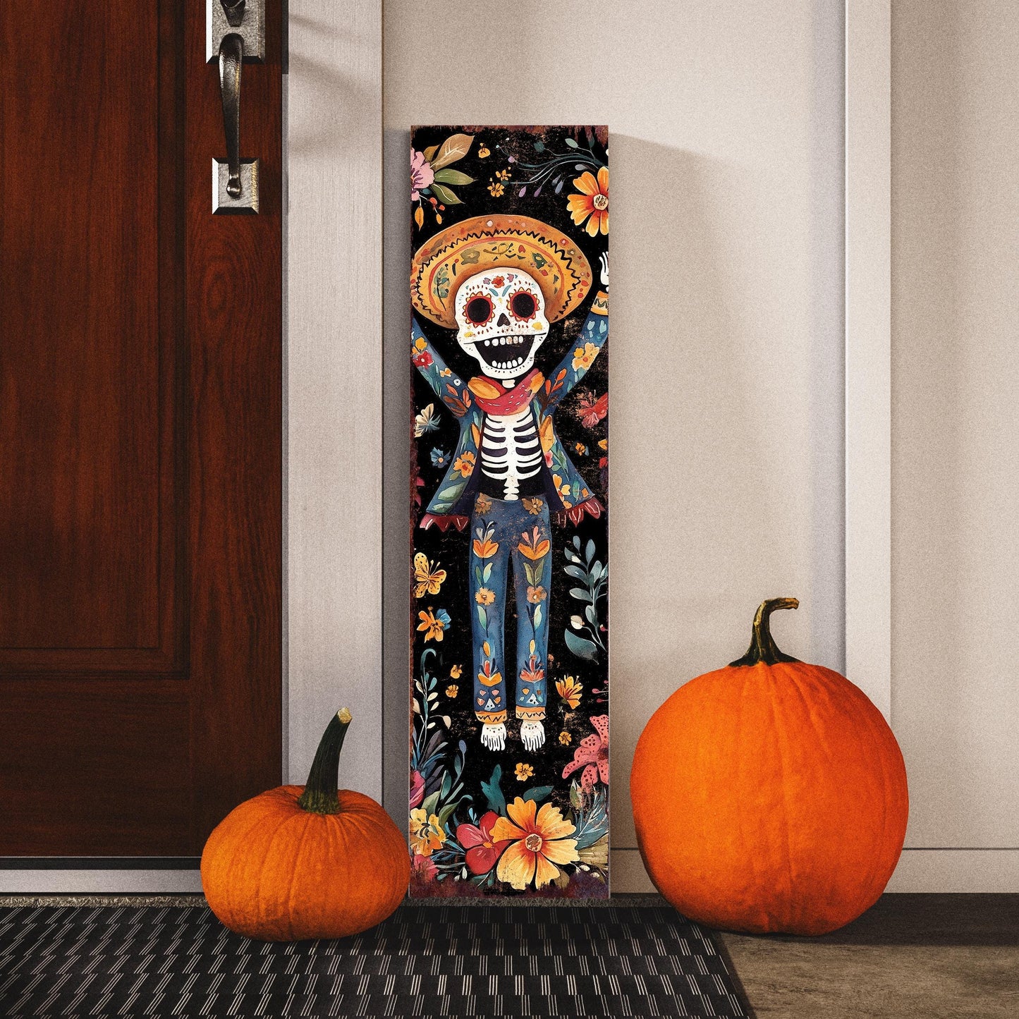 36in Sugar Skull Dia De Los Muertos Porch Sign - Rustic Modern Farmhouse Entryway Decor, Day of the Dead Front Porch Board