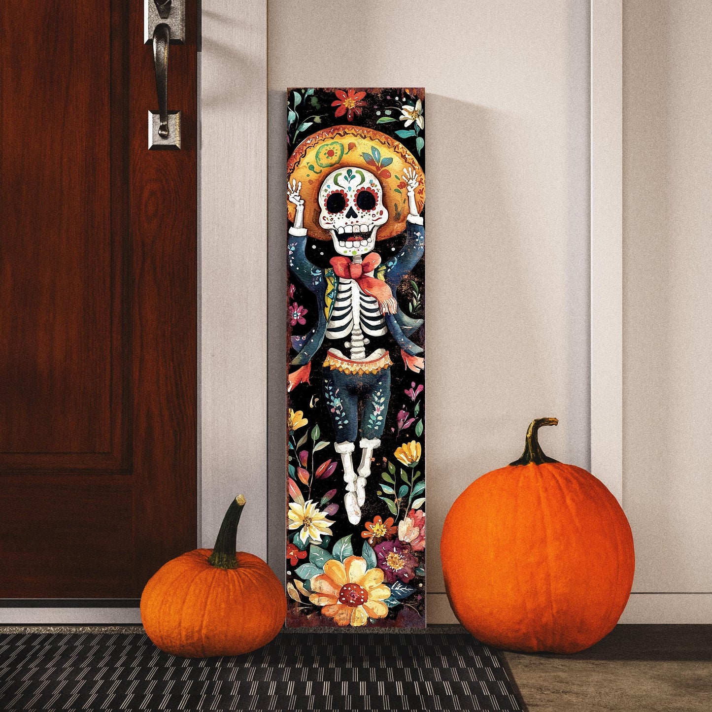 36in Sugar Skull Dia De Los Muertos Porch Sign - Rustic Modern Farmhouse Entryway Decor, Day of the Dead Front Porch Board