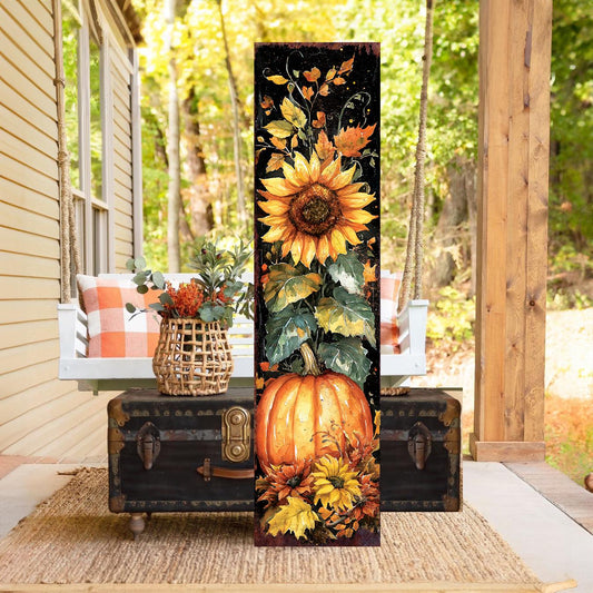 48in Fall Porch Sign - Front Porch Fall Welcome Sign with Vintage Autumn Decoration | Entryway Fall Decor | Wood, UV Print | 48x12in