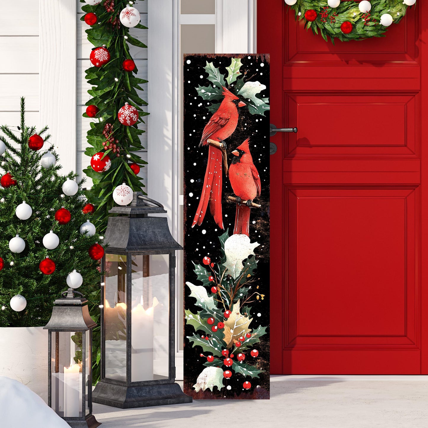 48in Christmas Porch Sign Cardinals -  Christmas Entryway Decor |  Christmas Decoration | Front Porch Christmas Plaque | UV Print | 48x12in