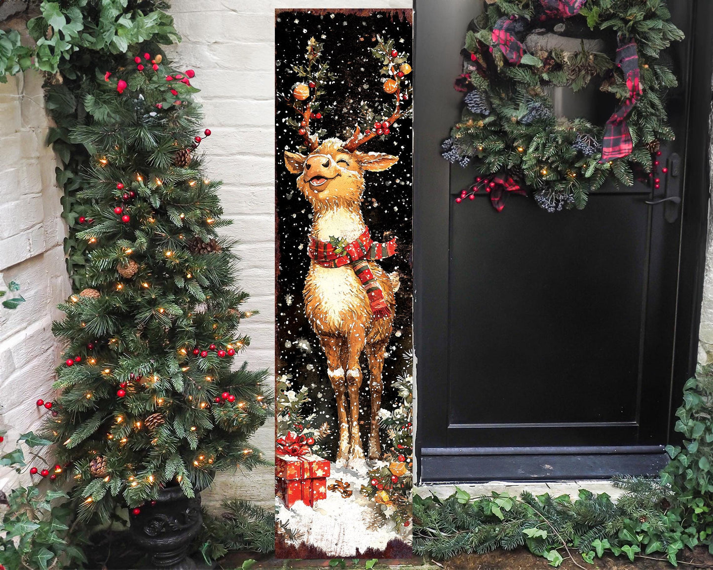 48in Rudolph Christmas Porch Sign - Front Porch Christmas Plaque | Winter Entryway Decor | Holiday Decoration | Wood, UV Print | 48x12in