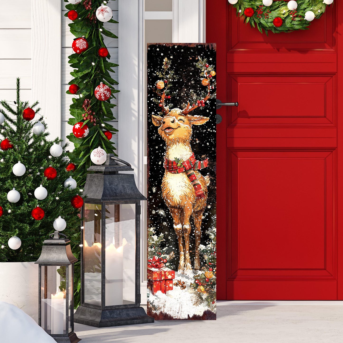 48in Rudolph Christmas Porch Sign - Front Porch Christmas Plaque | Winter Entryway Decor | Holiday Decoration | Wood, UV Print | 48x12in