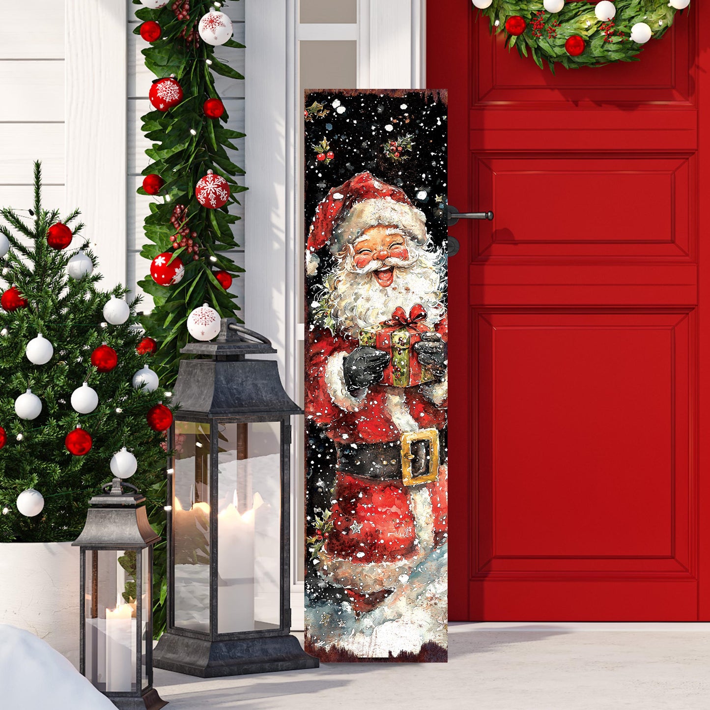 48in Santa Christmas Porch Sign - Front Porch Christmas Plaque | Winter Entryway Decor | Holiday Decoration | Wood, UV Print | 48x12in