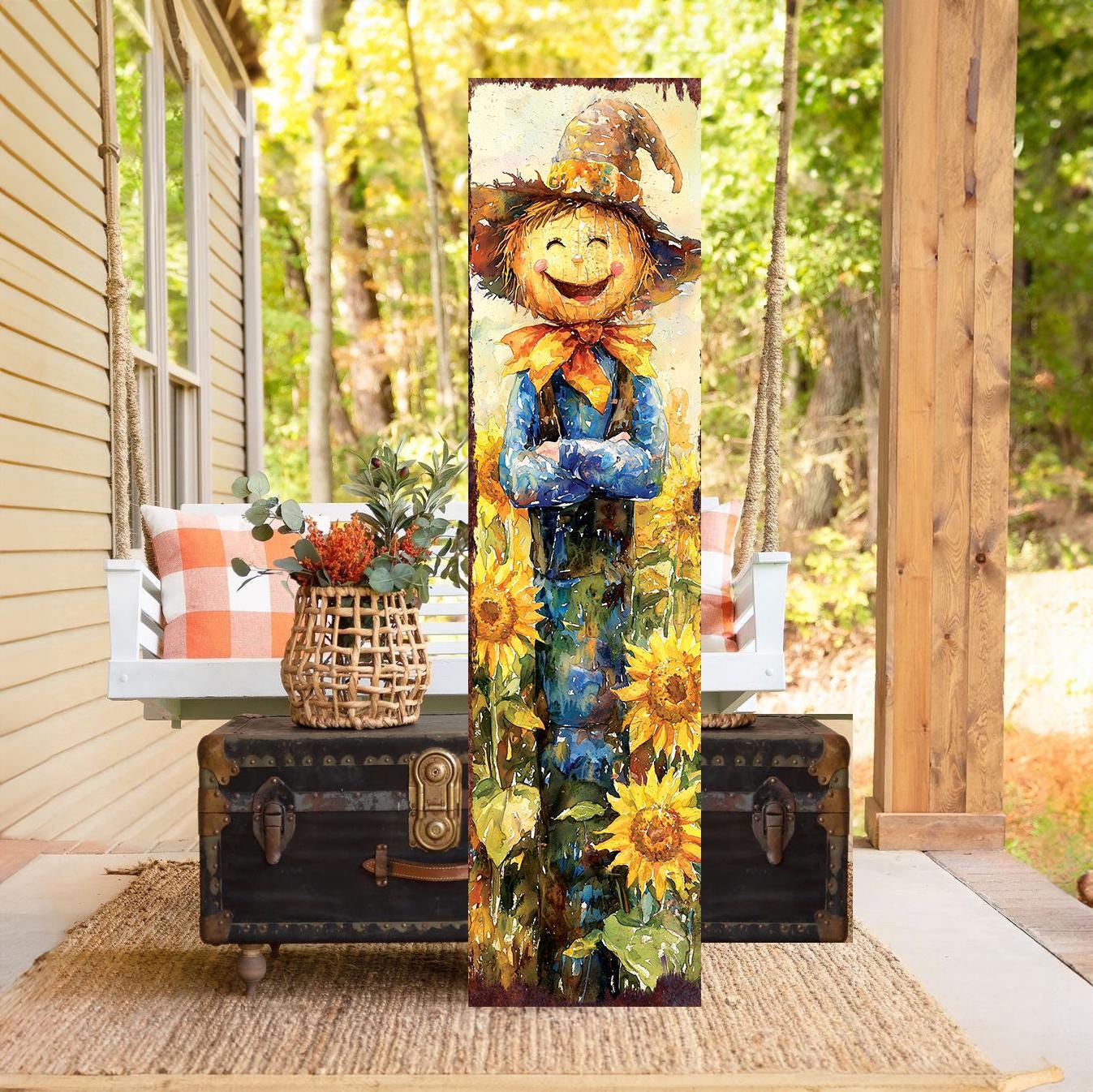 48in Fall Scarecrow Porch Sign - Front Porch Fall Plaque with Autumn Decoration | Harvest Decor UV Print | Entryway Fall Decor | 48x12