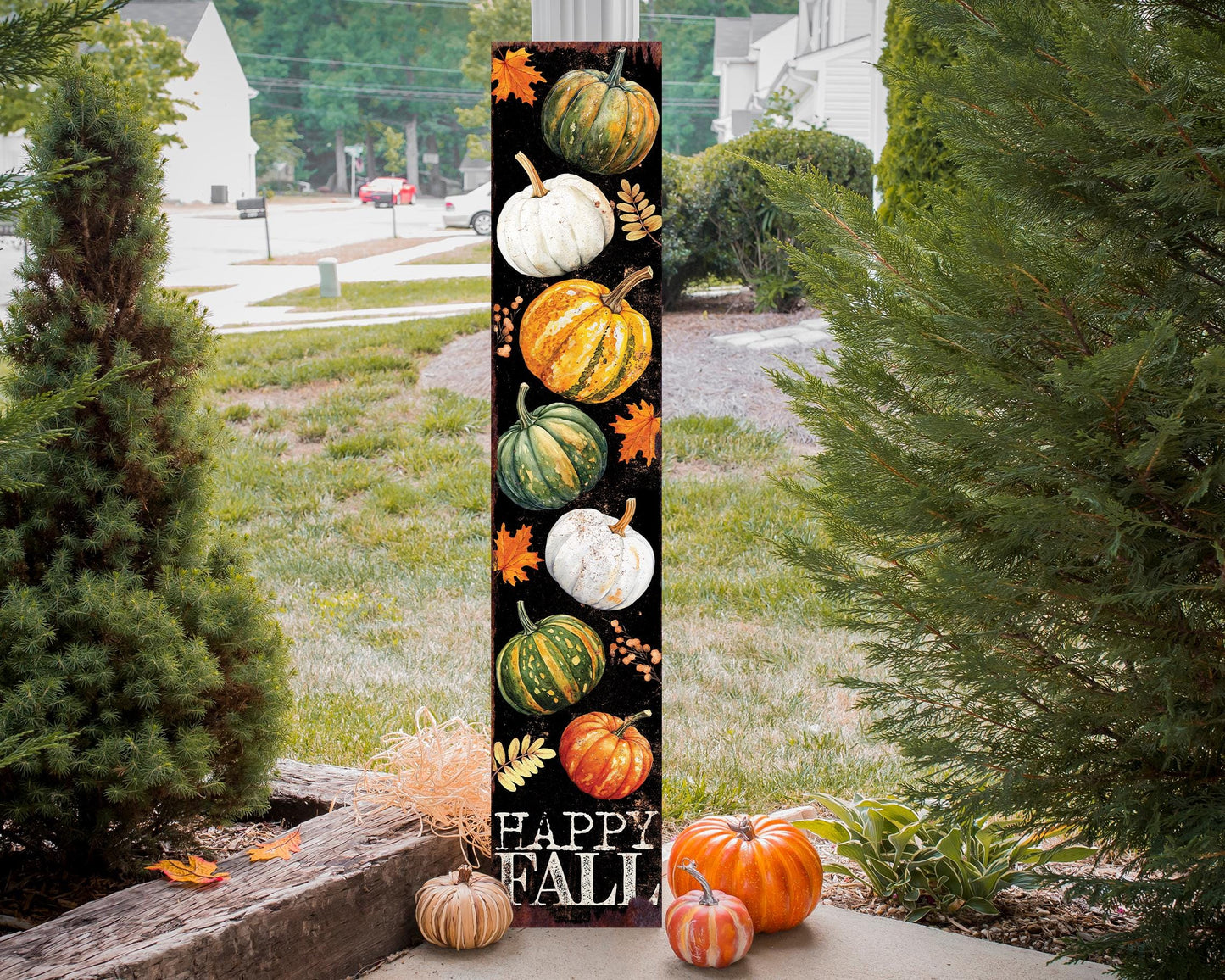 48in Happy Fall Porch Sign with Pumpkins Pattern | Front Porch Fall Plaque | Autumn Decoration | Entryway Harvest Decor | 48x9.25in