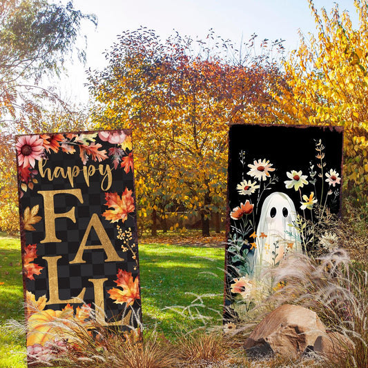 30in Halloween Fall Garden Stake | Double-Sided Halloween Decor | Watercolor Style | Wood, UV Print | Fall Yard Sign | 24x12in + 6in Stake