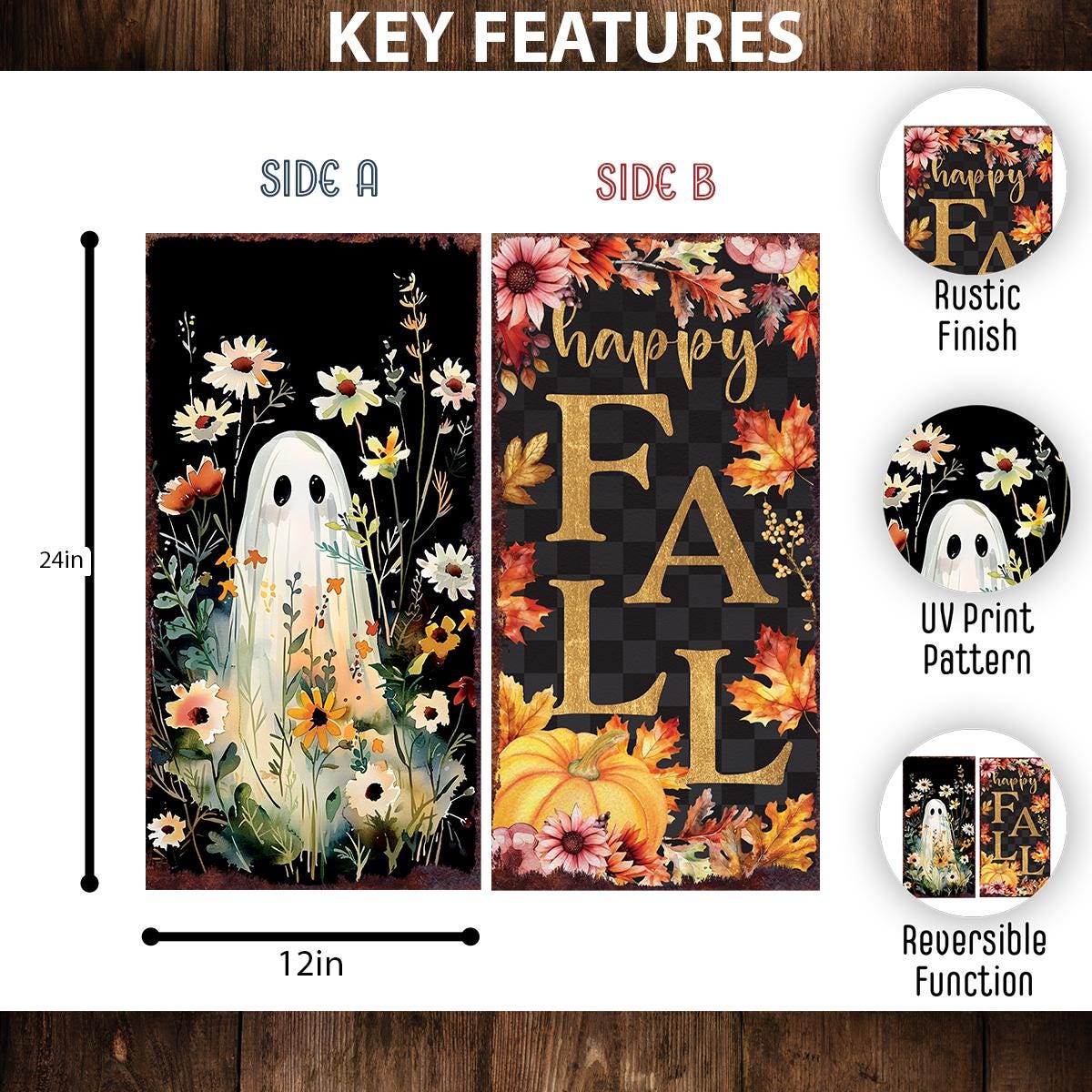 30in Halloween Fall Garden Stake | Double-Sided Halloween Decor | Watercolor Style | Wood, UV Print | Fall Yard Sign | 24x12in + 6in Stake