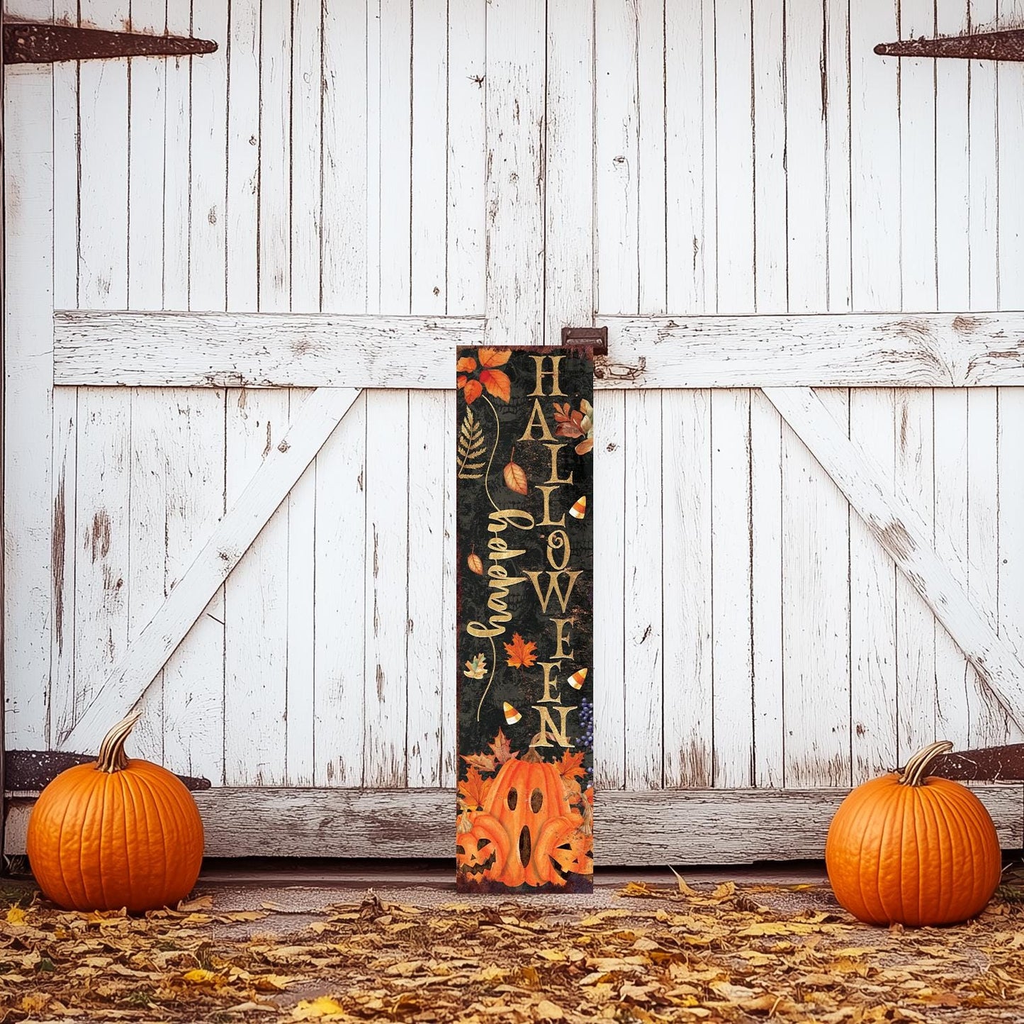 48in Happy Halloween Porch Sign - Front Porch Halloween Plaque Decoration | Entryway Halloween Decor | Wood, UV Print | 48x12in