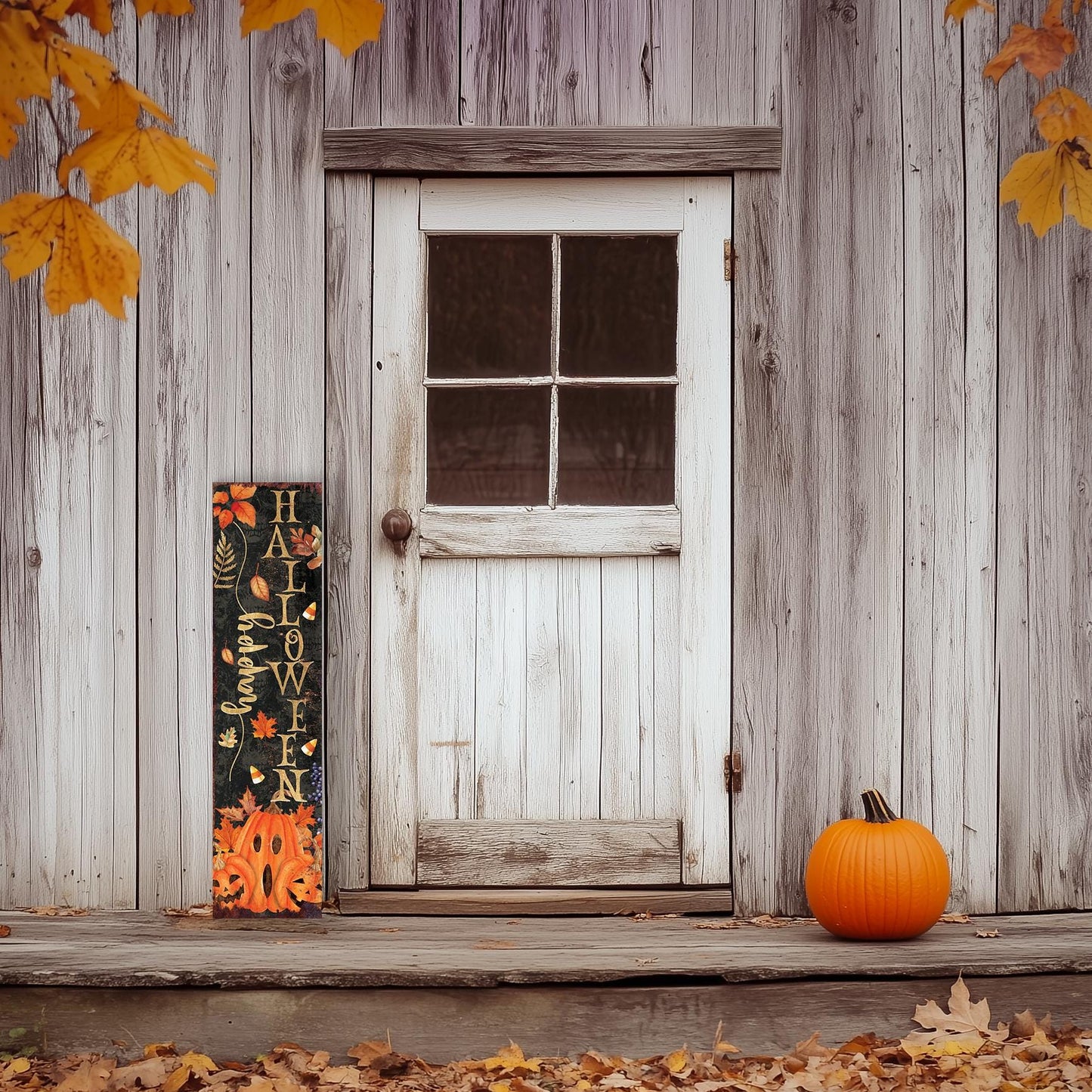 48in Happy Halloween Porch Sign - Front Porch Halloween Plaque Decoration | Entryway Halloween Decor | Wood, UV Print | 48x12in