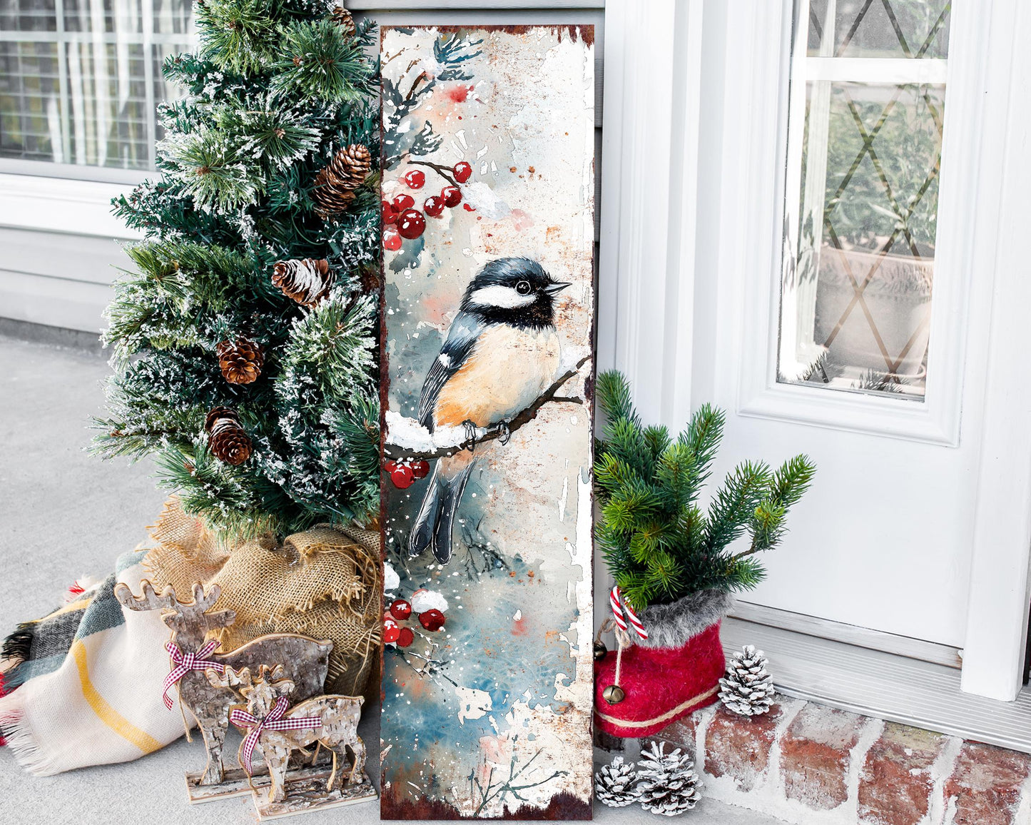 36in Chickadee Christmas Porch Sign - Holiday Entryway Decor, Christmas Front Door Board, Outdoor Porch Decor | 5 Patterns, Wood, UV Print