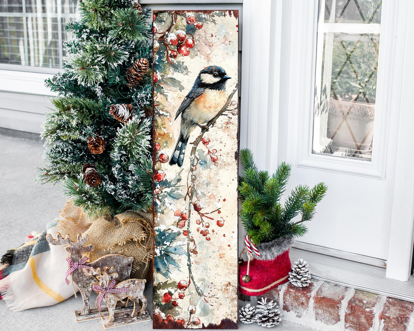 36in Chickadee Christmas Porch Sign - Holiday Entryway Decor, Christmas Front Door Board, Outdoor Porch Decor | 5 Patterns, Wood, UV Print