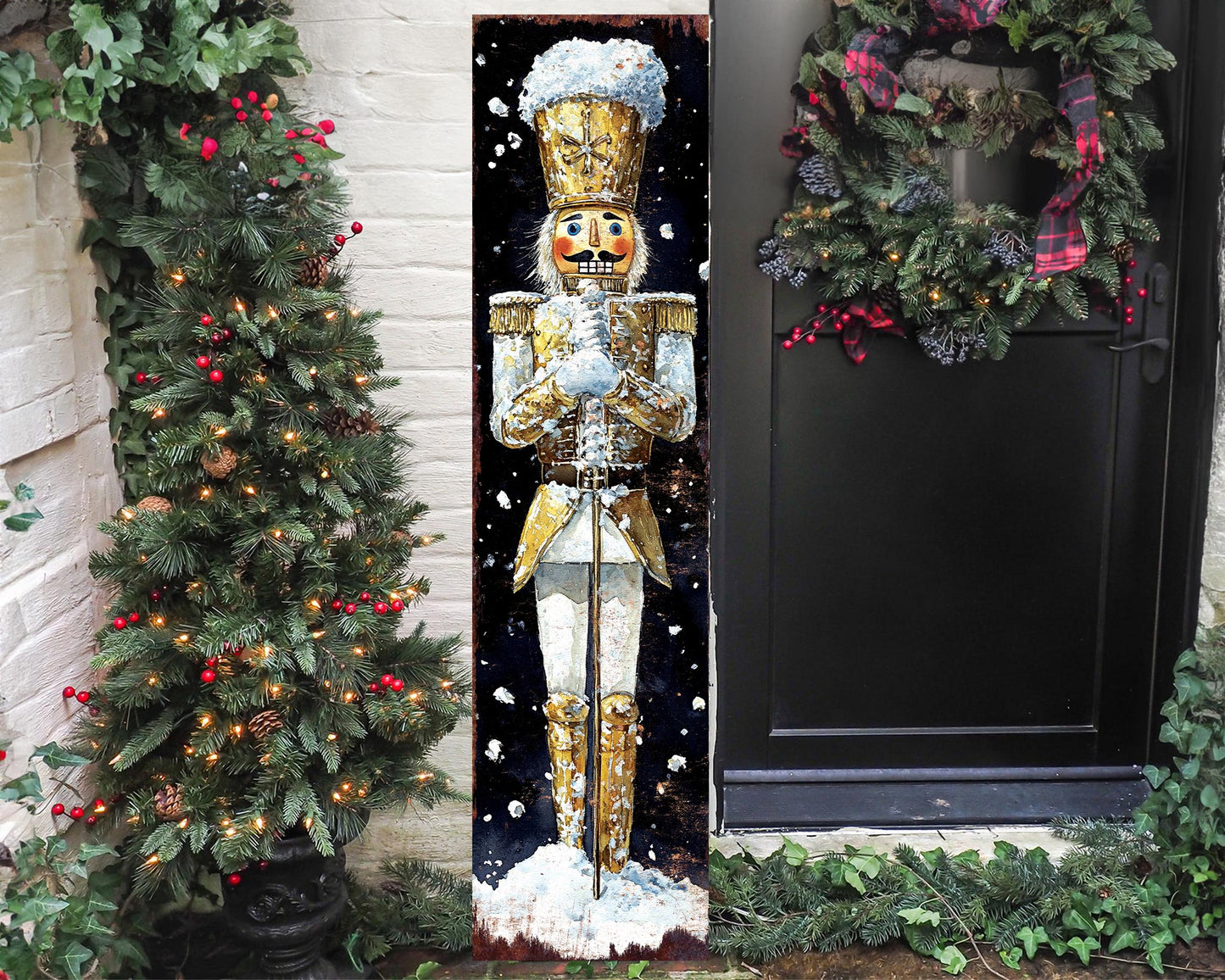 48-inch Christmas Gold Nutcracker Porch Sign - Holiday Front Porch Plaque | Christmas Decoration | Christmas Entryway Decor | 48x12in