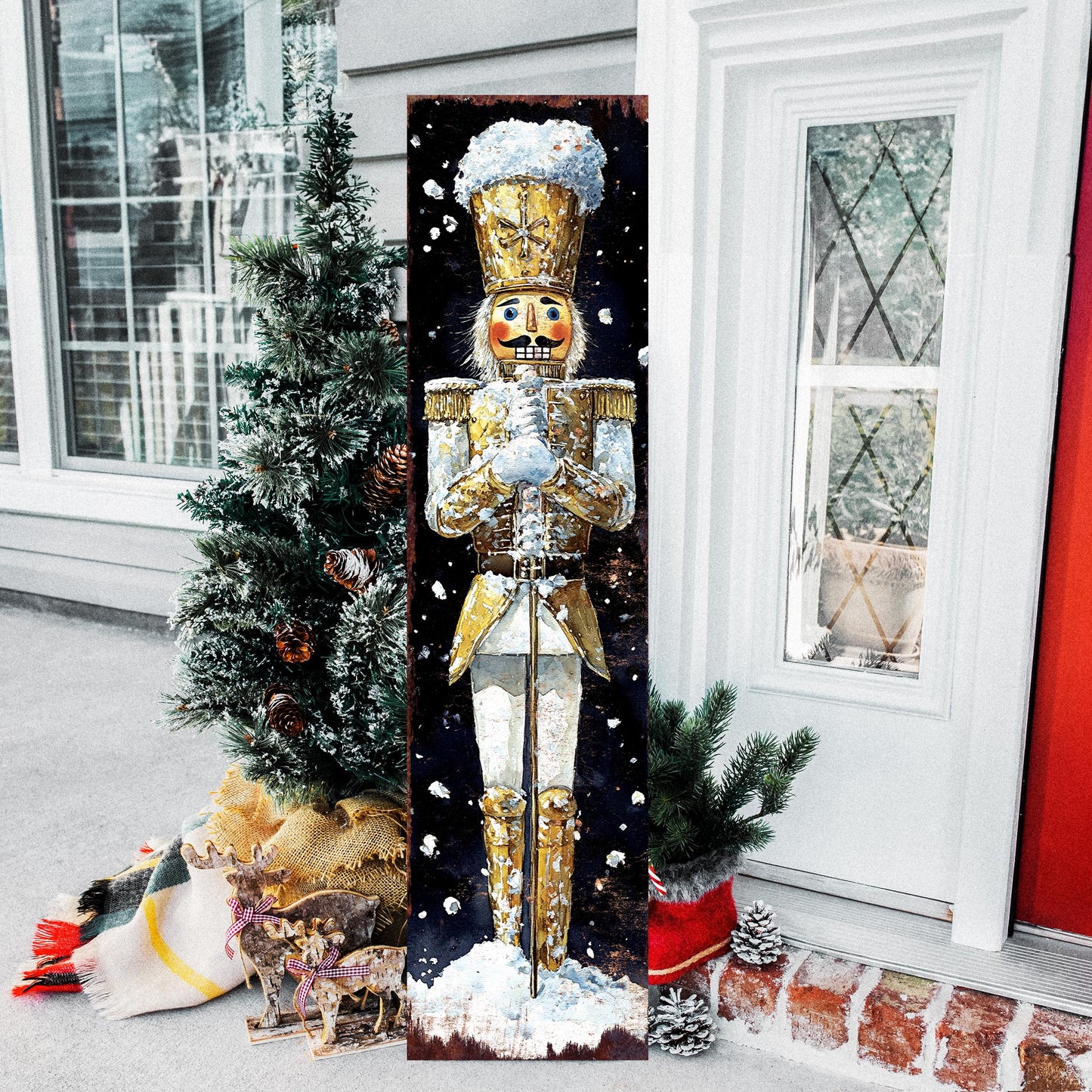 48-inch Christmas Gold Nutcracker Porch Sign - Holiday Front Porch Plaque | Christmas Decoration | Christmas Entryway Decor | 48x12in