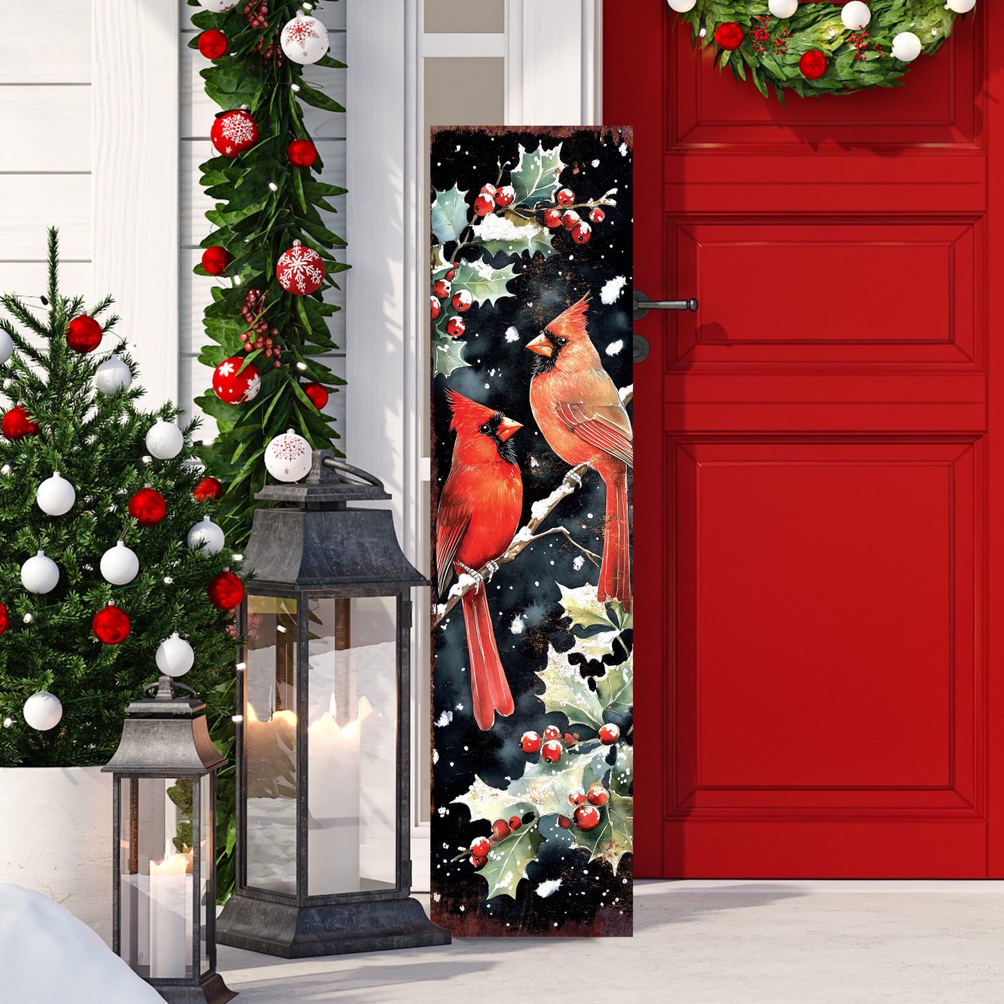 48in Christmas Porch Sign Cardinals -  Front Porch Christmas Plaque | Entryway Christmas Decor |  Holiday Decoration |  UV Print | 48x12in