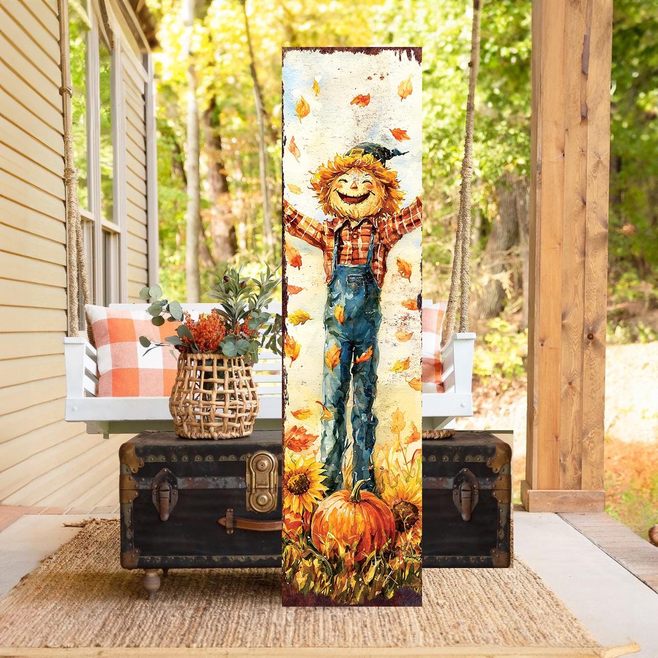 48in Fall Scarecrow Porch Sign - Front Porch Fall Plaque with Autumn Decoration | Entryway Fall Decor || Harvest Decor UV Print | 48x12in